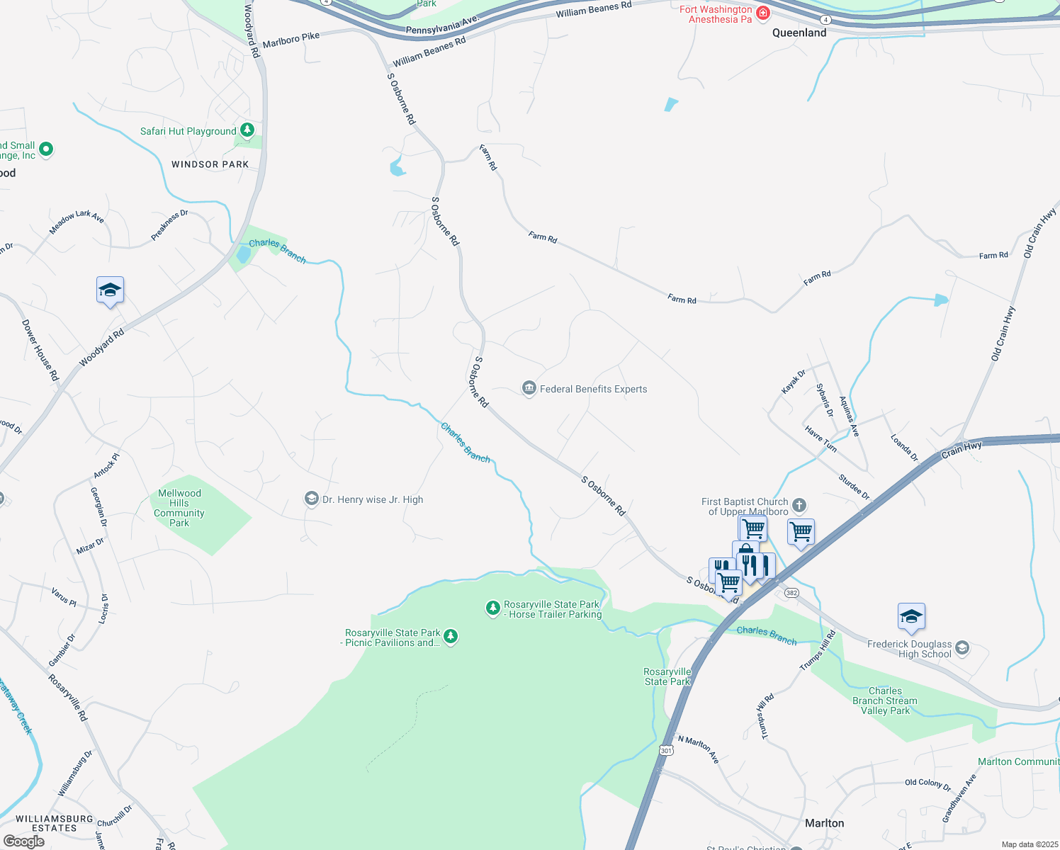 map of restaurants, bars, coffee shops, grocery stores, and more near 7000 South Osborne Road in Upper Marlboro
