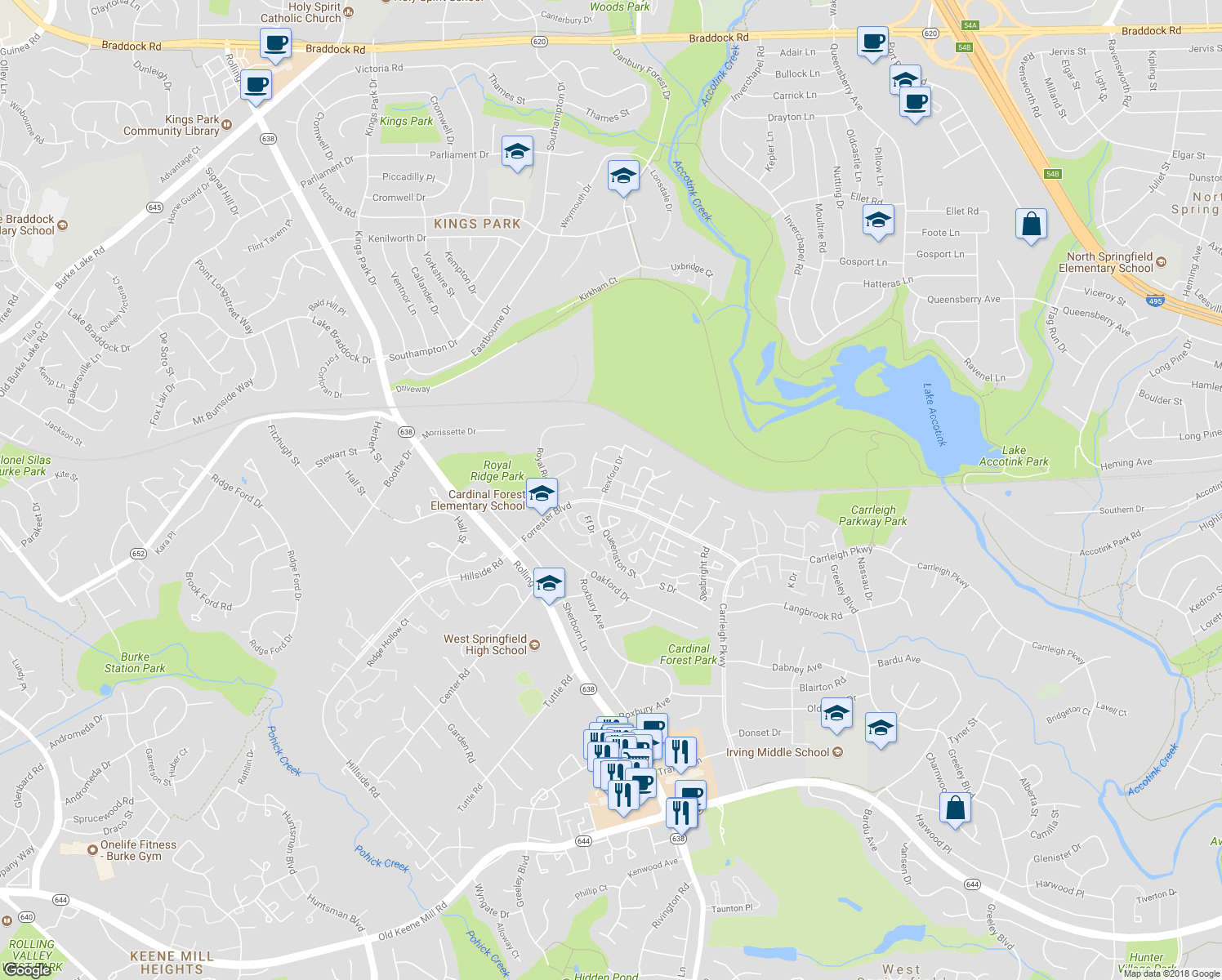 map of restaurants, bars, coffee shops, grocery stores, and more near 5825 Rexford Dr in Springfield