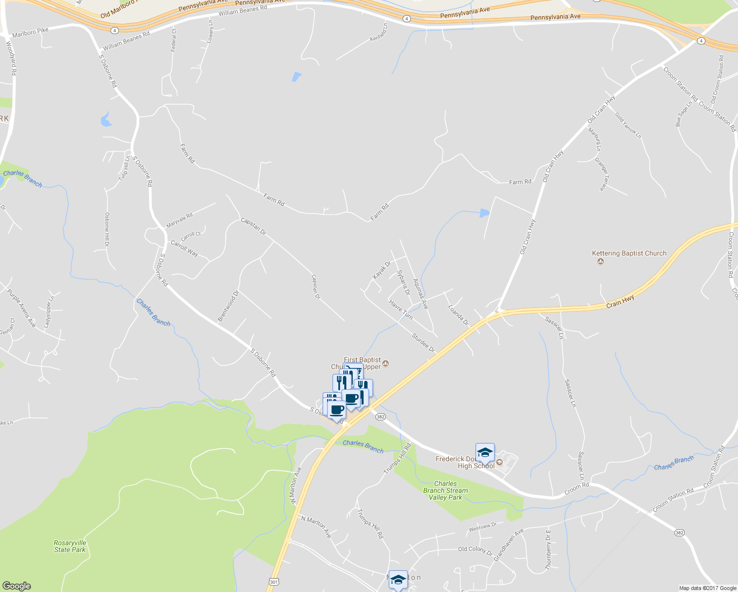 map of restaurants, bars, coffee shops, grocery stores, and more near 12302 Sturdee Drive in Upper Marlboro