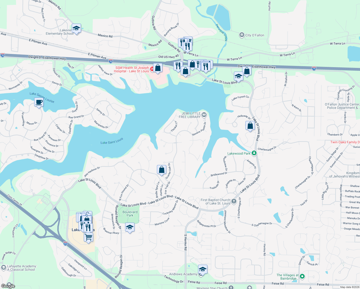 map of restaurants, bars, coffee shops, grocery stores, and more near 4 Rudder Court in Lake Saint Louis