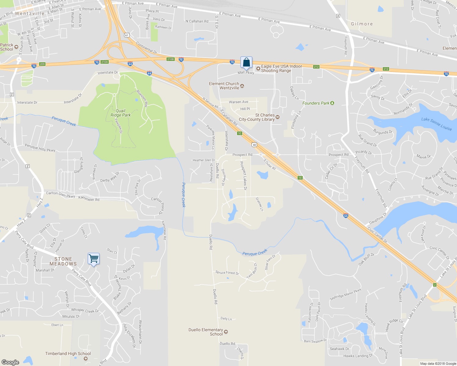 map of restaurants, bars, coffee shops, grocery stores, and more near 1404 Gold Mine Court in Wentzville