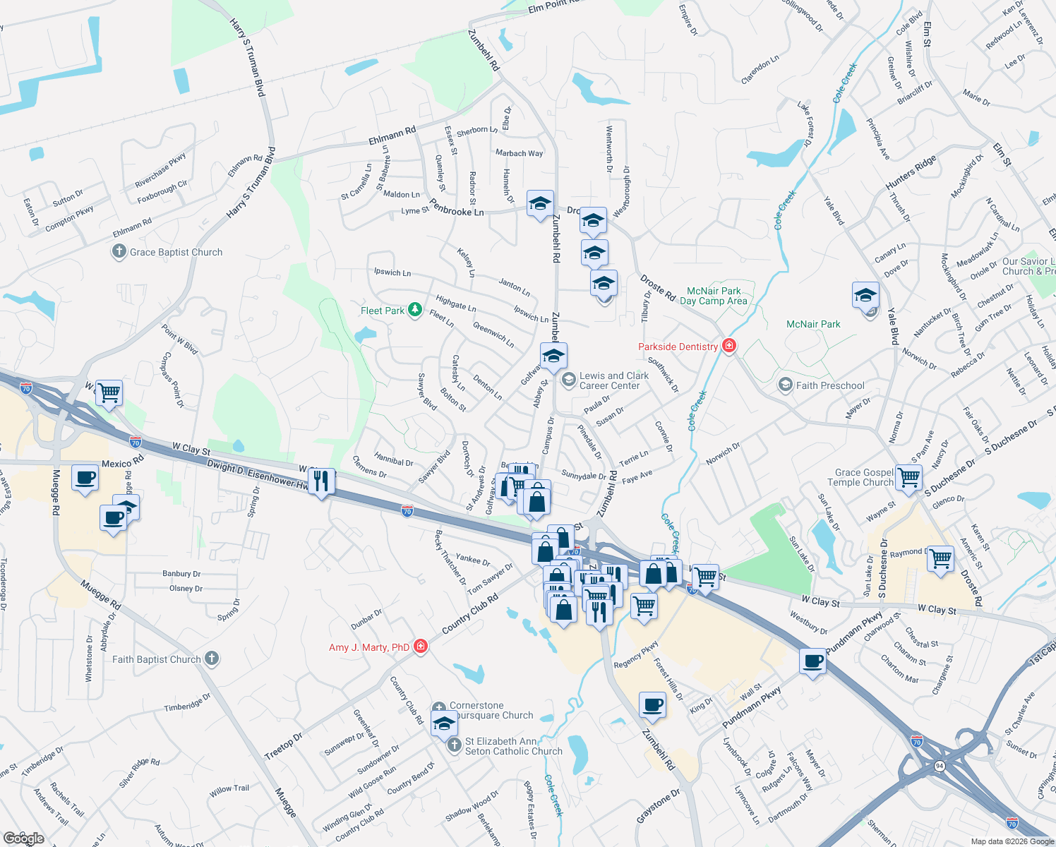 map of restaurants, bars, coffee shops, grocery stores, and more near 3094 Abbey Street in Saint Charles