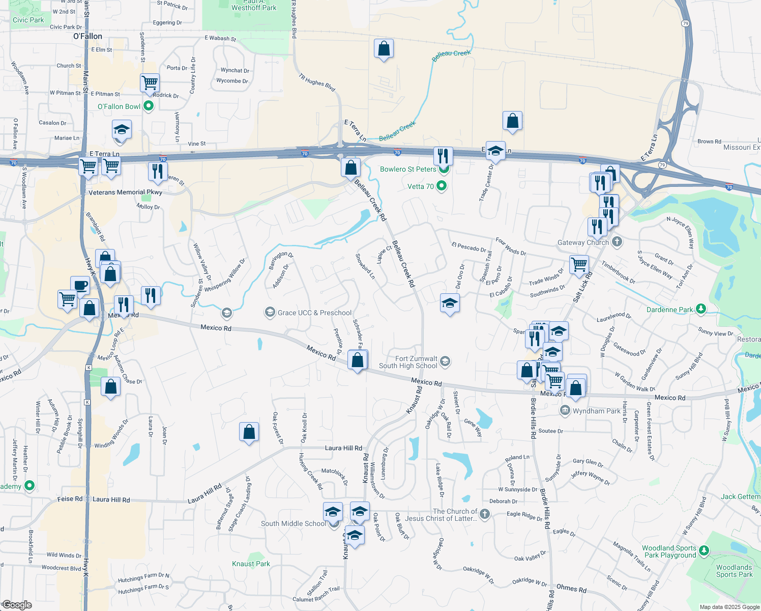 map of restaurants, bars, coffee shops, grocery stores, and more near 1132 Lupine Court in O'Fallon