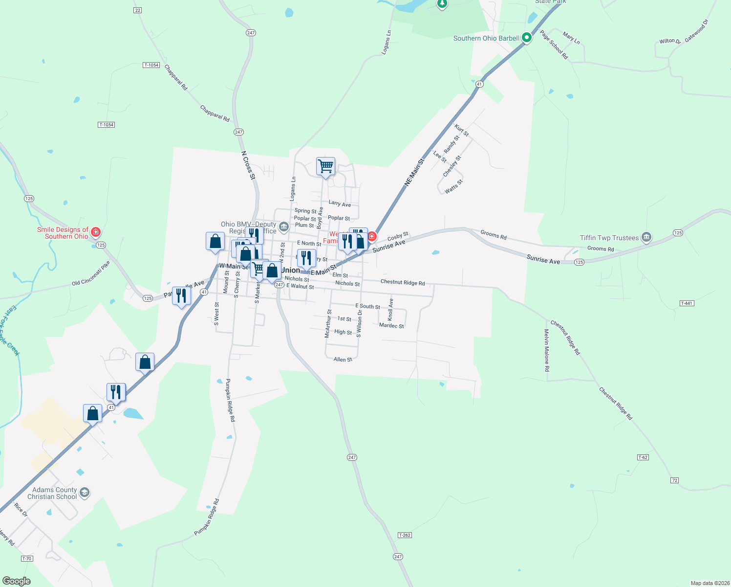 map of restaurants, bars, coffee shops, grocery stores, and more near 807 East Walnut Street in West Union