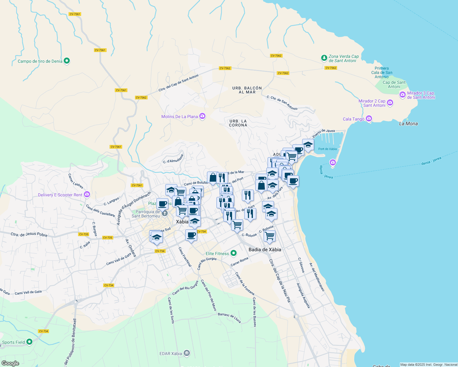 map of restaurants, bars, coffee shops, grocery stores, and more near 6 Avenida del Puerto in Jávea