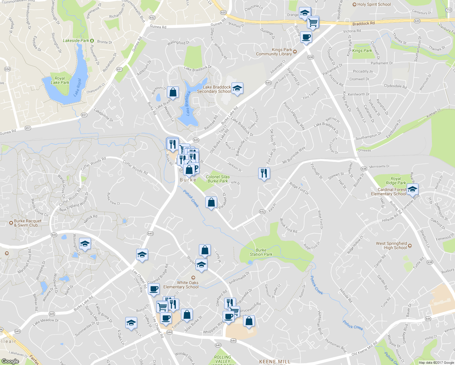 map of restaurants, bars, coffee shops, grocery stores, and more near 9348 Kite Street in Burke