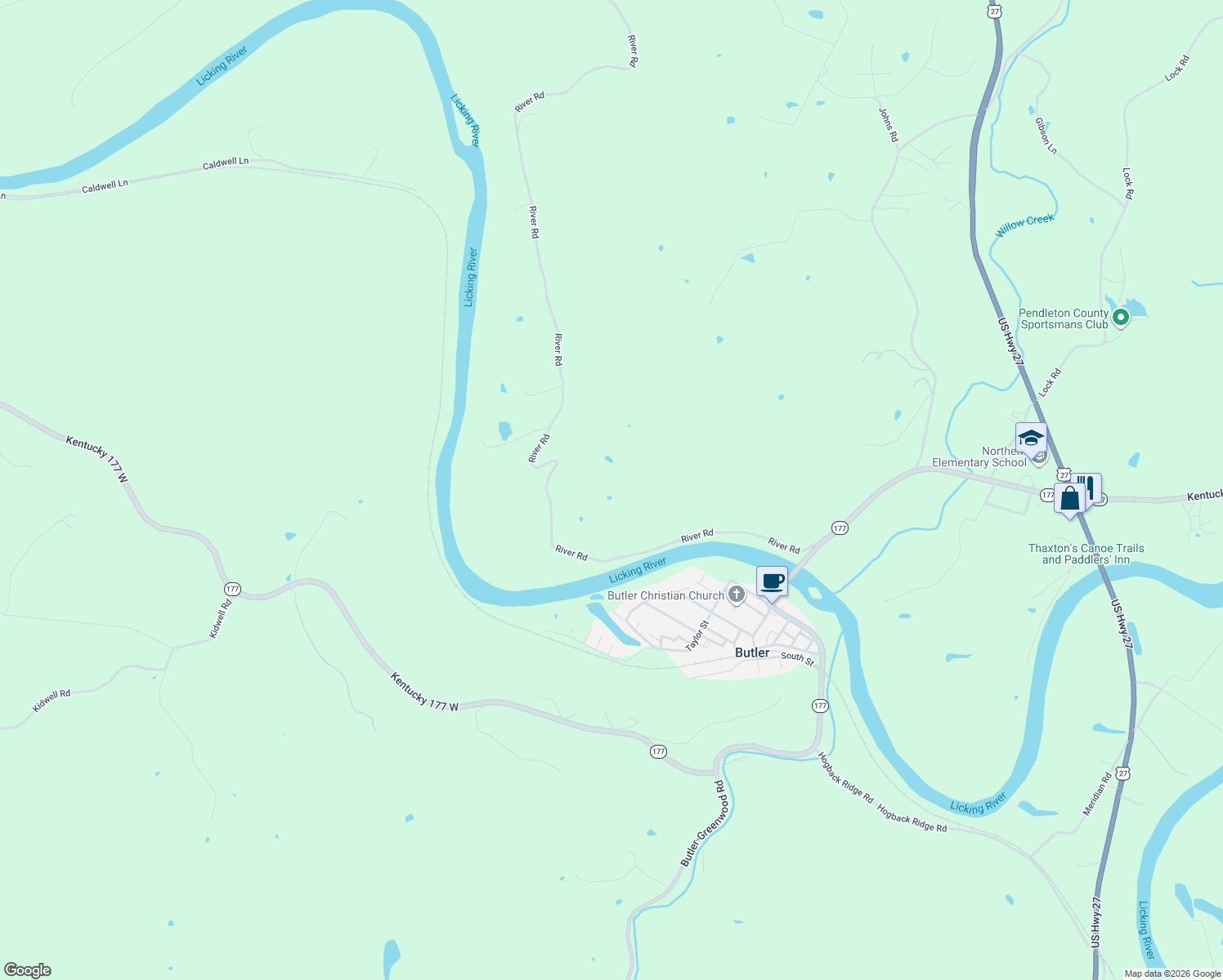 map of restaurants, bars, coffee shops, grocery stores, and more near 813 River Road in Butler