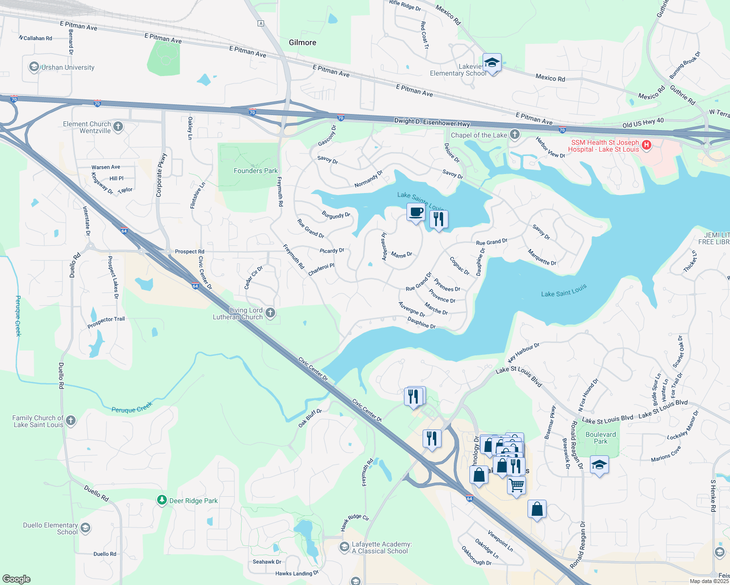 map of restaurants, bars, coffee shops, grocery stores, and more near 21 Saint Malo Court in Lake Saint Louis