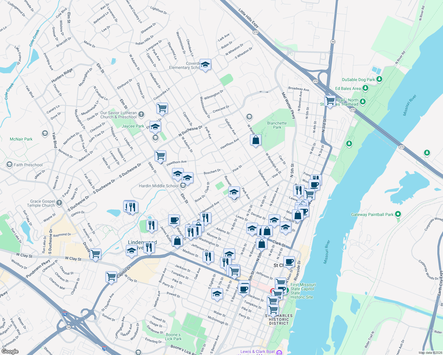 map of restaurants, bars, coffee shops, grocery stores, and more near 720 Pine Street in Saint Charles