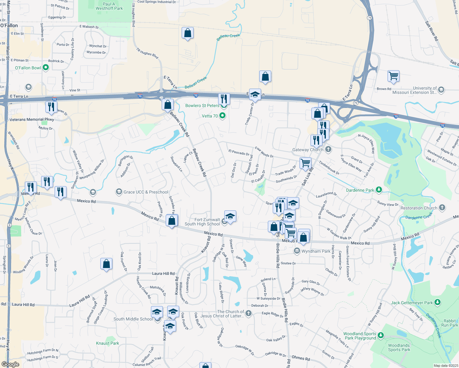 map of restaurants, bars, coffee shops, grocery stores, and more near 119 El Caballo Drive in Saint Peters