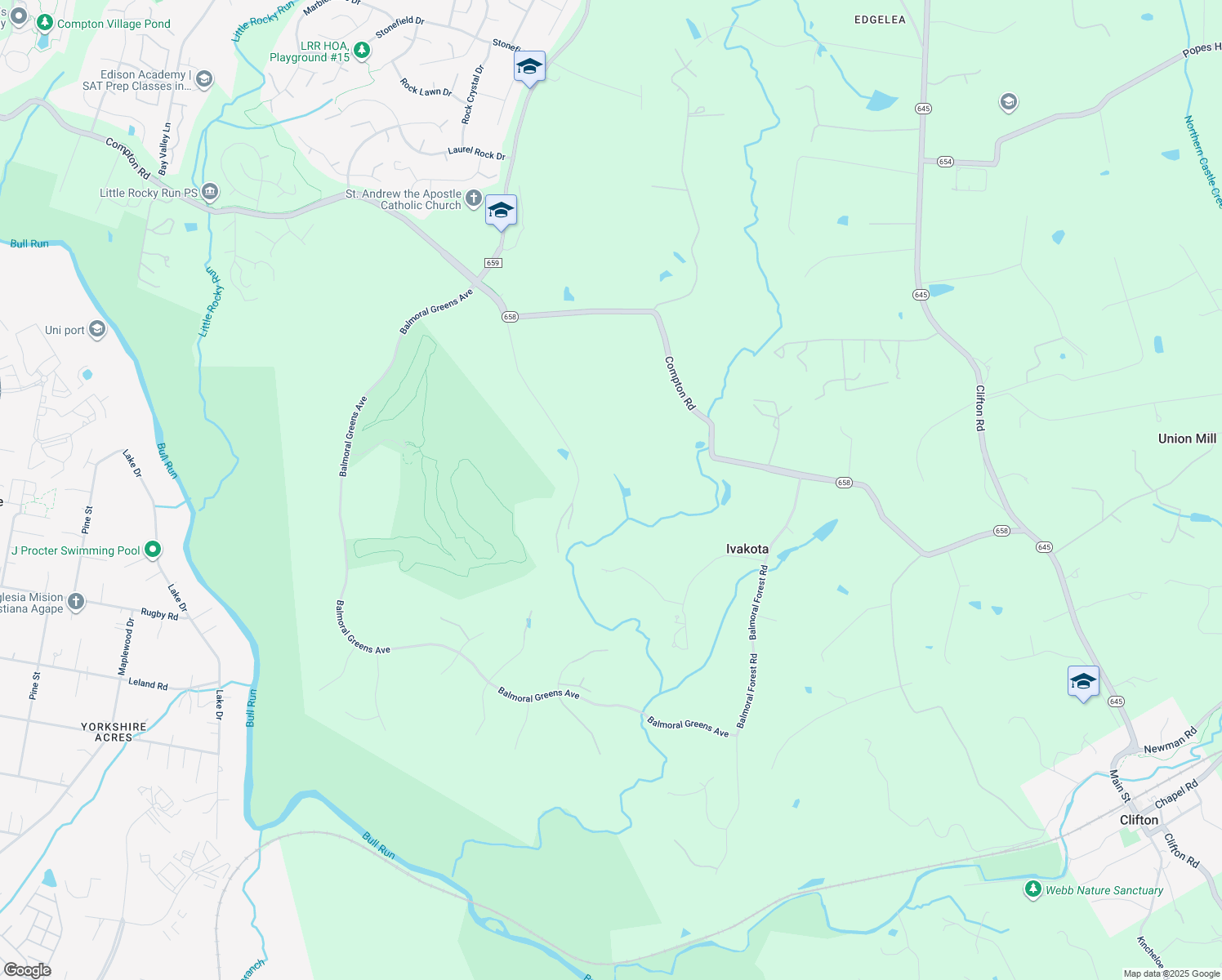 map of restaurants, bars, coffee shops, grocery stores, and more near 7017 Union Mill Road in Clifton