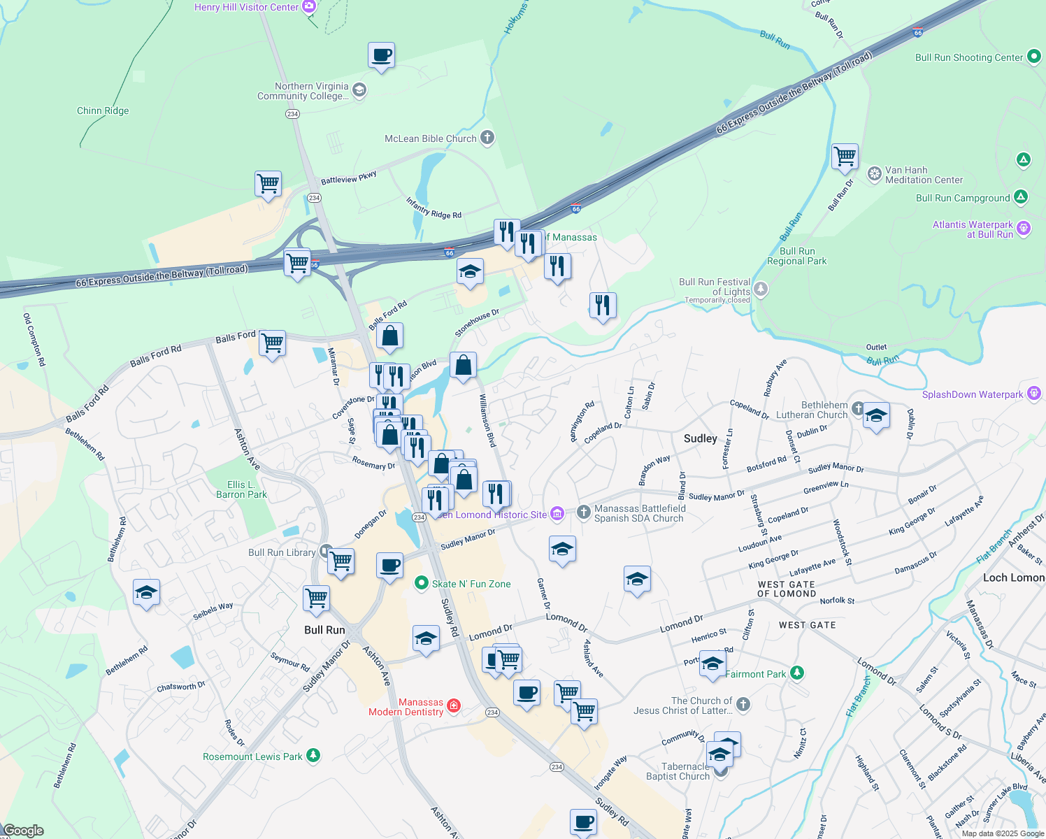 map of restaurants, bars, coffee shops, grocery stores, and more near 7422 Rokeby Drive in Manassas