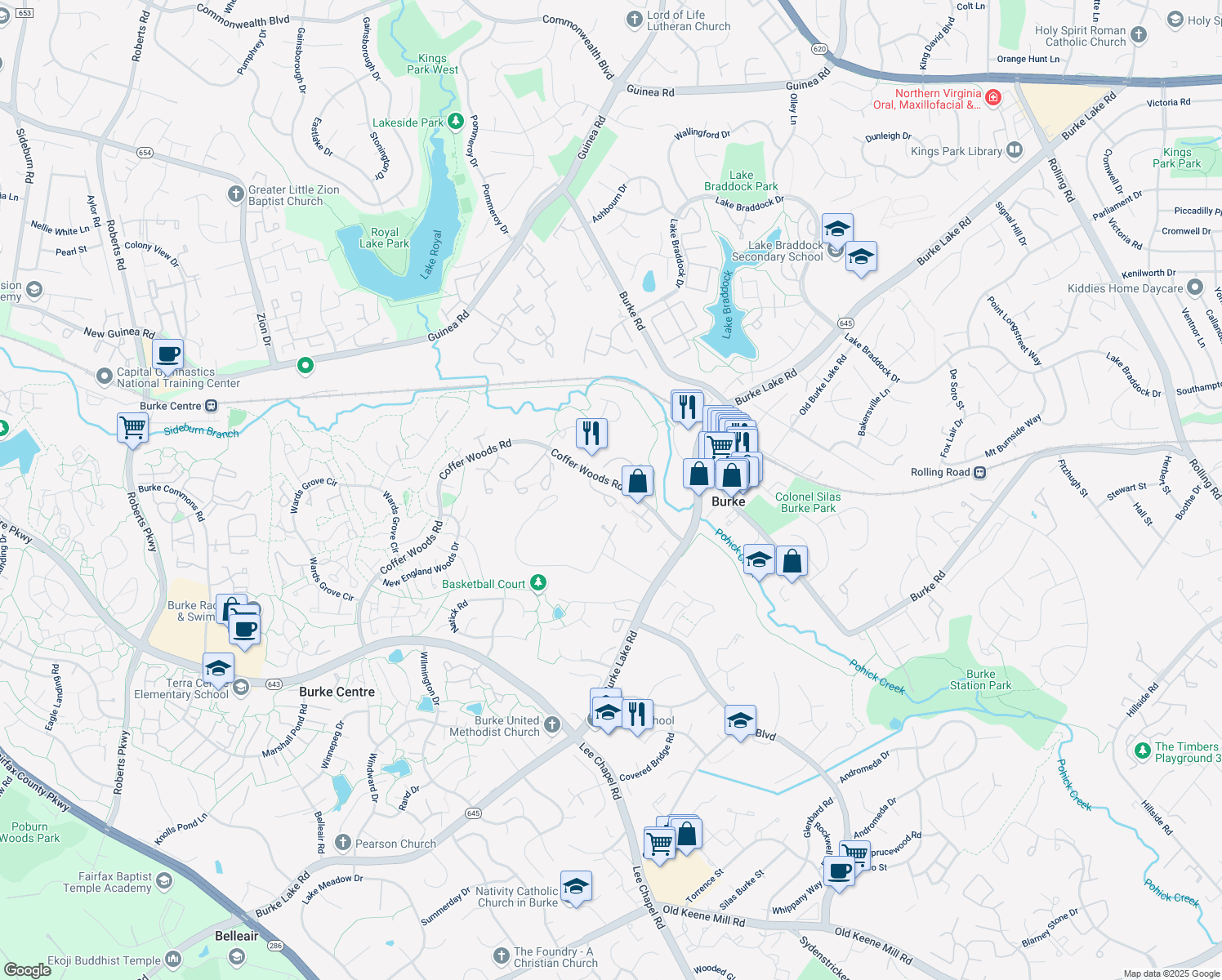 map of restaurants, bars, coffee shops, grocery stores, and more near 9616 Hillock Ct in Burke