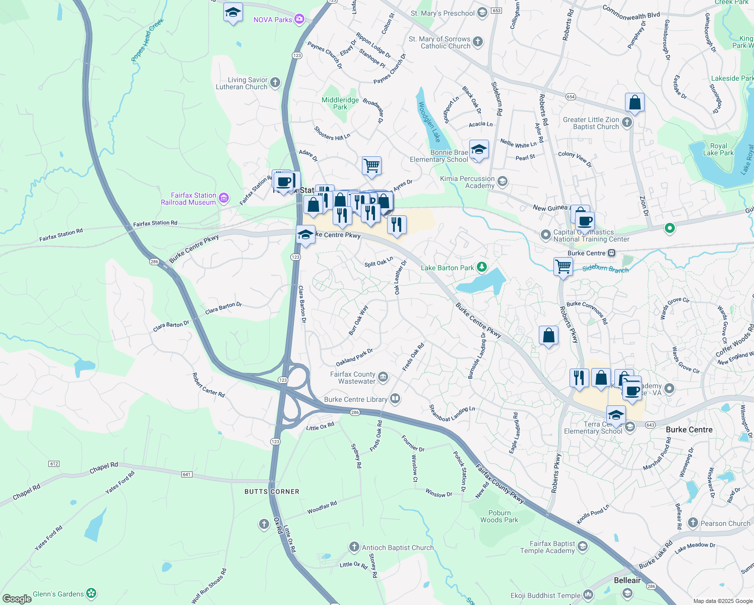 map of restaurants, bars, coffee shops, grocery stores, and more near 10729 Burr Oak Way in Burke