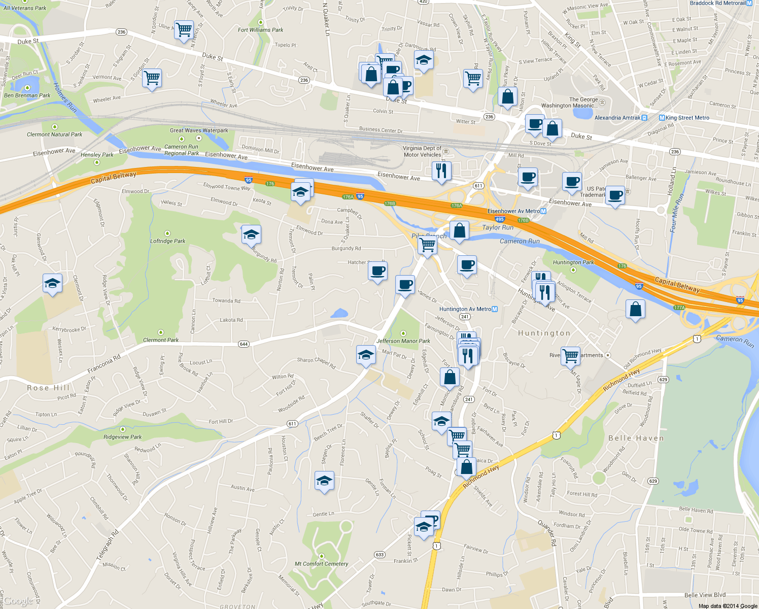 map of restaurants, bars, coffee shops, grocery stores, and more near 5762 Heritage Hill Drive in Alexandria
