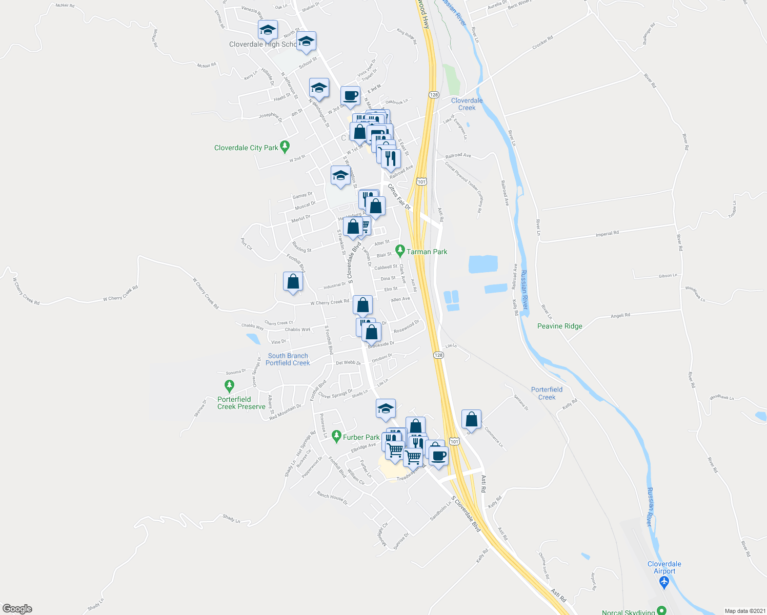 map of restaurants, bars, coffee shops, grocery stores, and more near 71 Tarman Dr in Cloverdale
