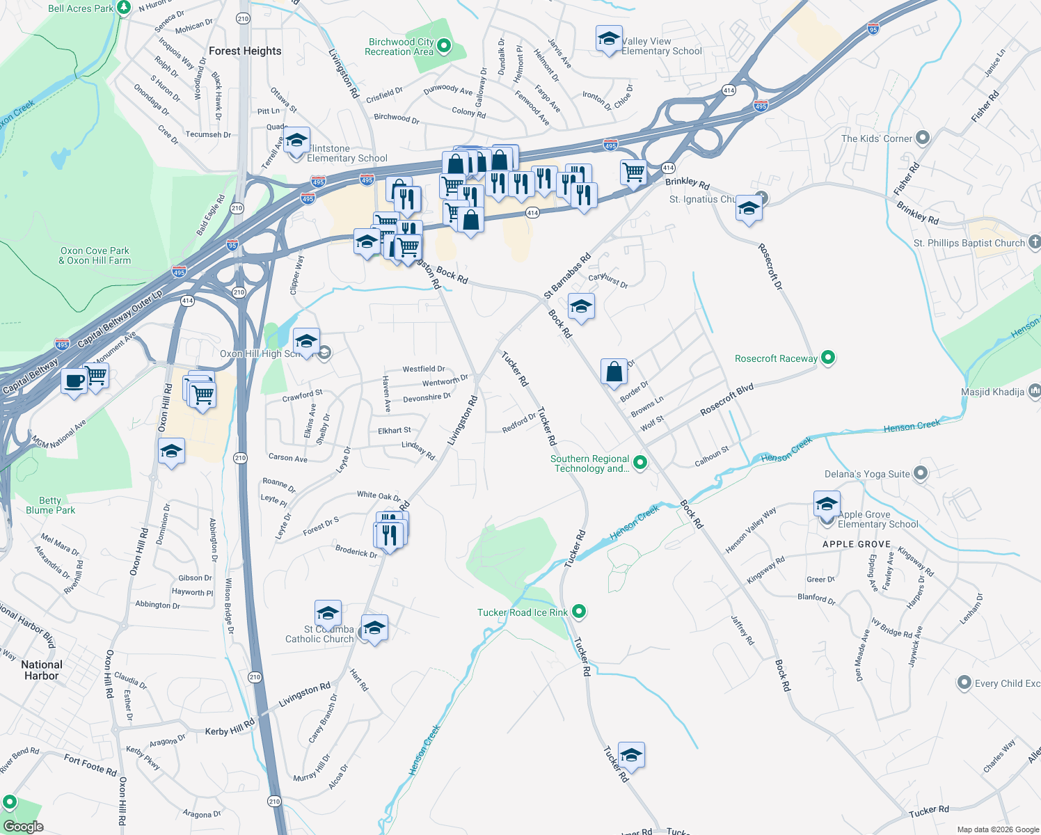 map of restaurants, bars, coffee shops, grocery stores, and more near 1514 Redford Drive in Fort Washington