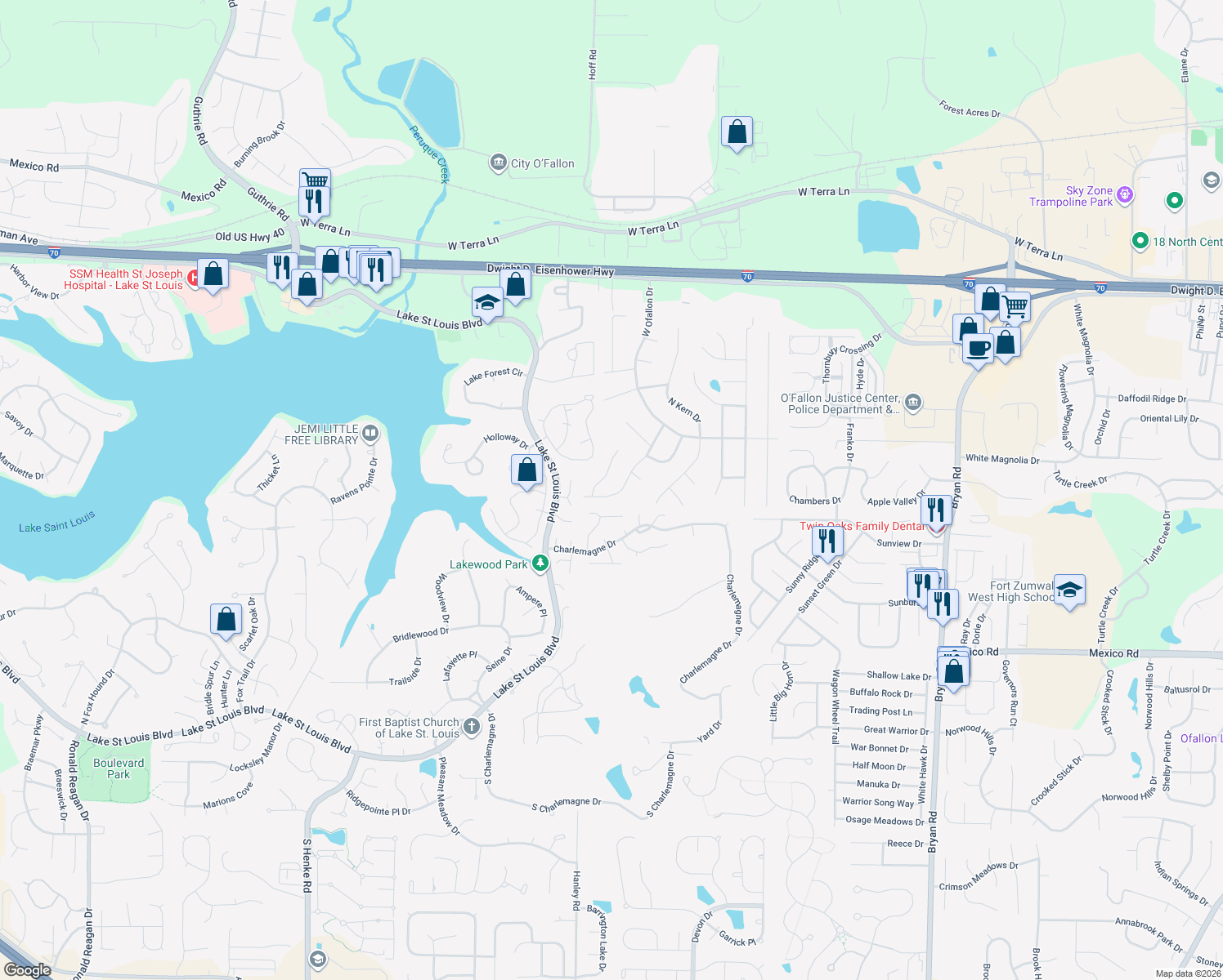 map of restaurants, bars, coffee shops, grocery stores, and more near 31 Forest Lane in O'Fallon
