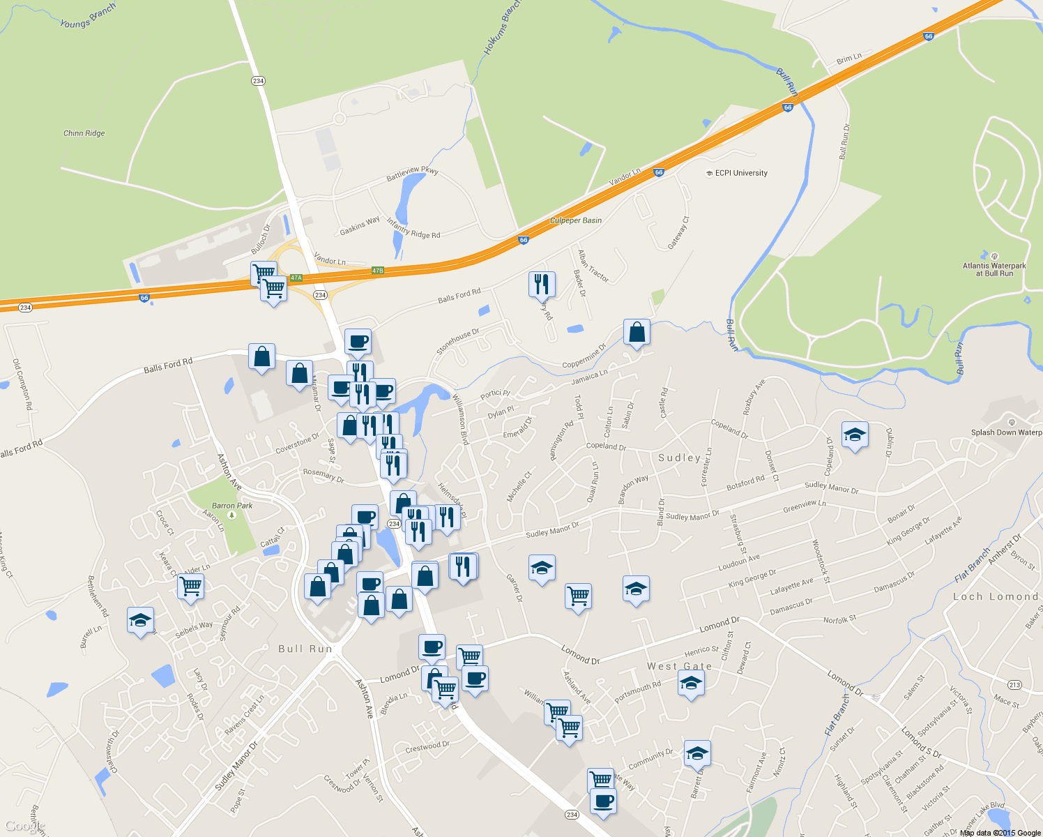 map of restaurants, bars, coffee shops, grocery stores, and more near 10415 Rapidan Lane in Manassas