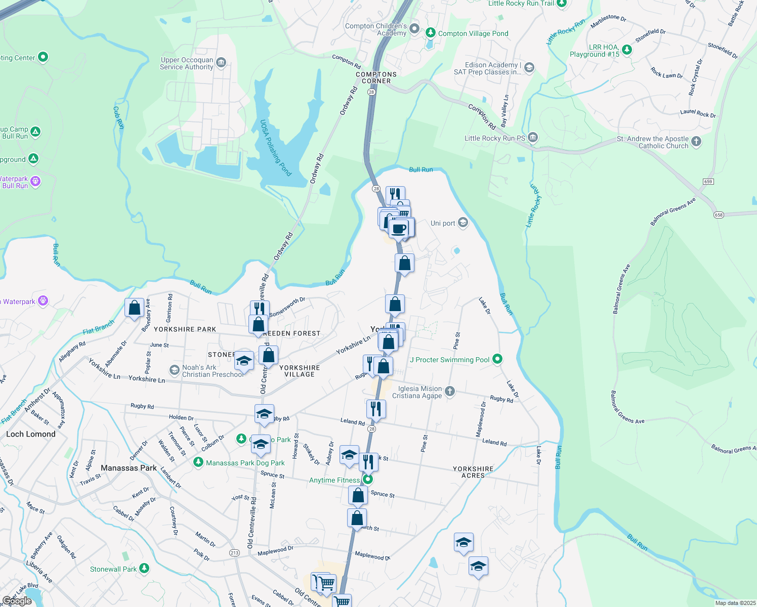 map of restaurants, bars, coffee shops, grocery stores, and more near 8265 Patton Lane in Manassas