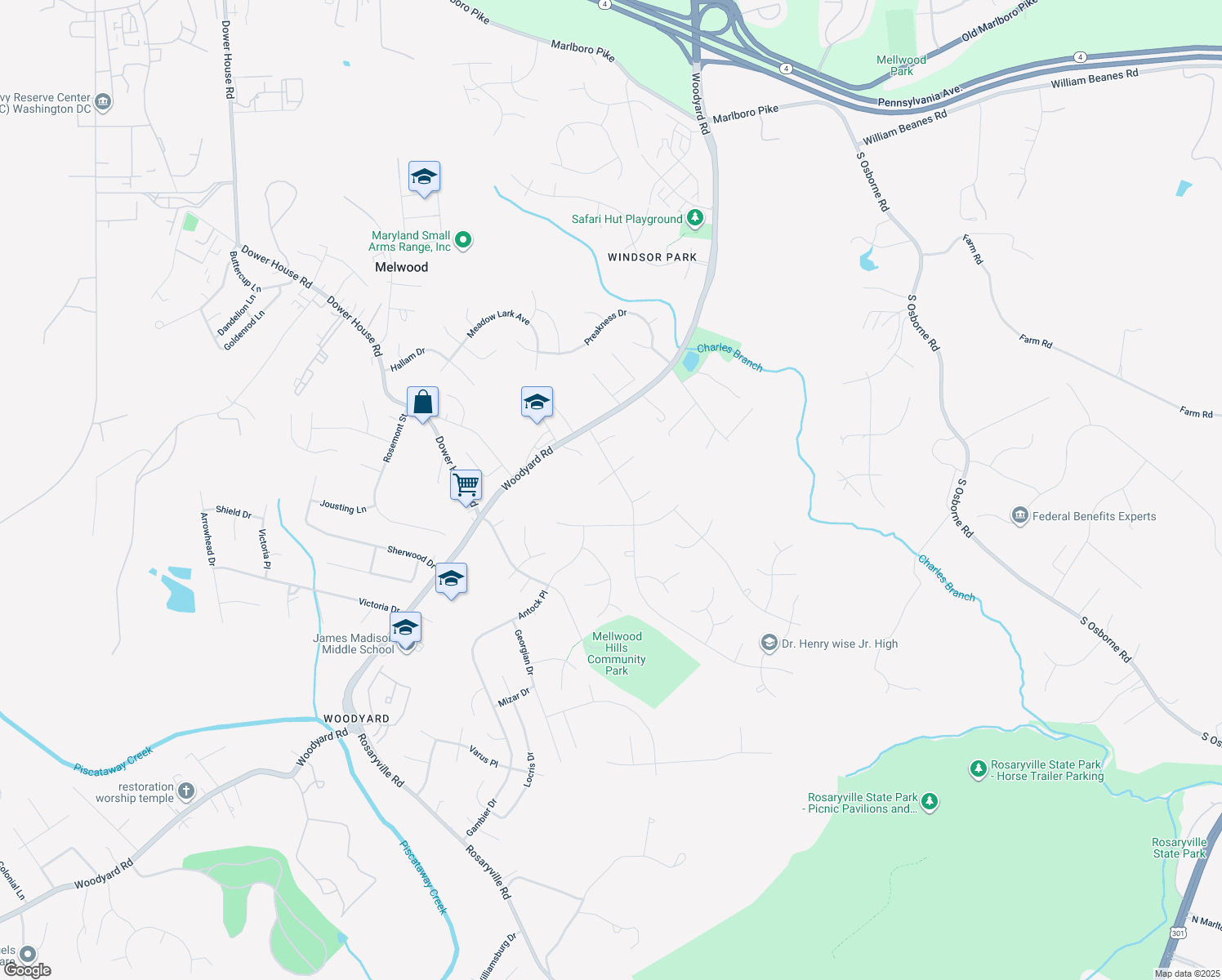 map of restaurants, bars, coffee shops, grocery stores, and more near 10105 Quince Apple Court in Upper Marlboro