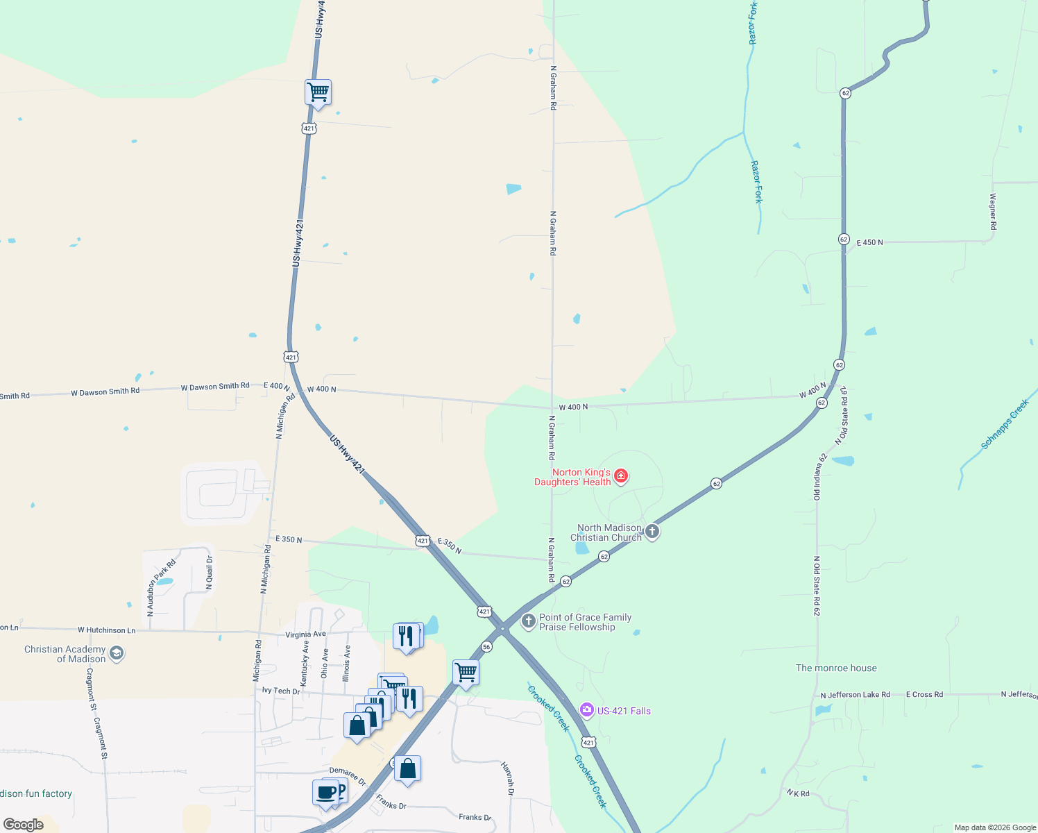 map of restaurants, bars, coffee shops, grocery stores, and more near 900 East 400 North in Madison