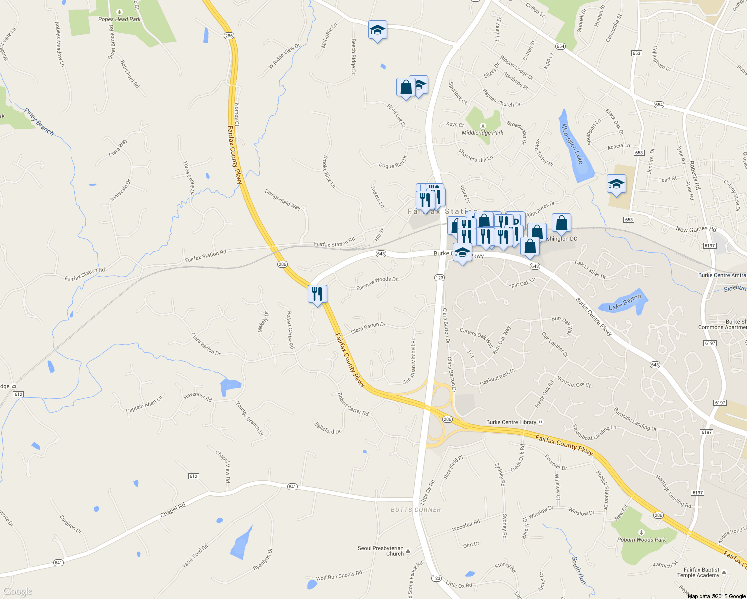 map of restaurants, bars, coffee shops, grocery stores, and more near 5828 Hannora Lane in Fairfax Station