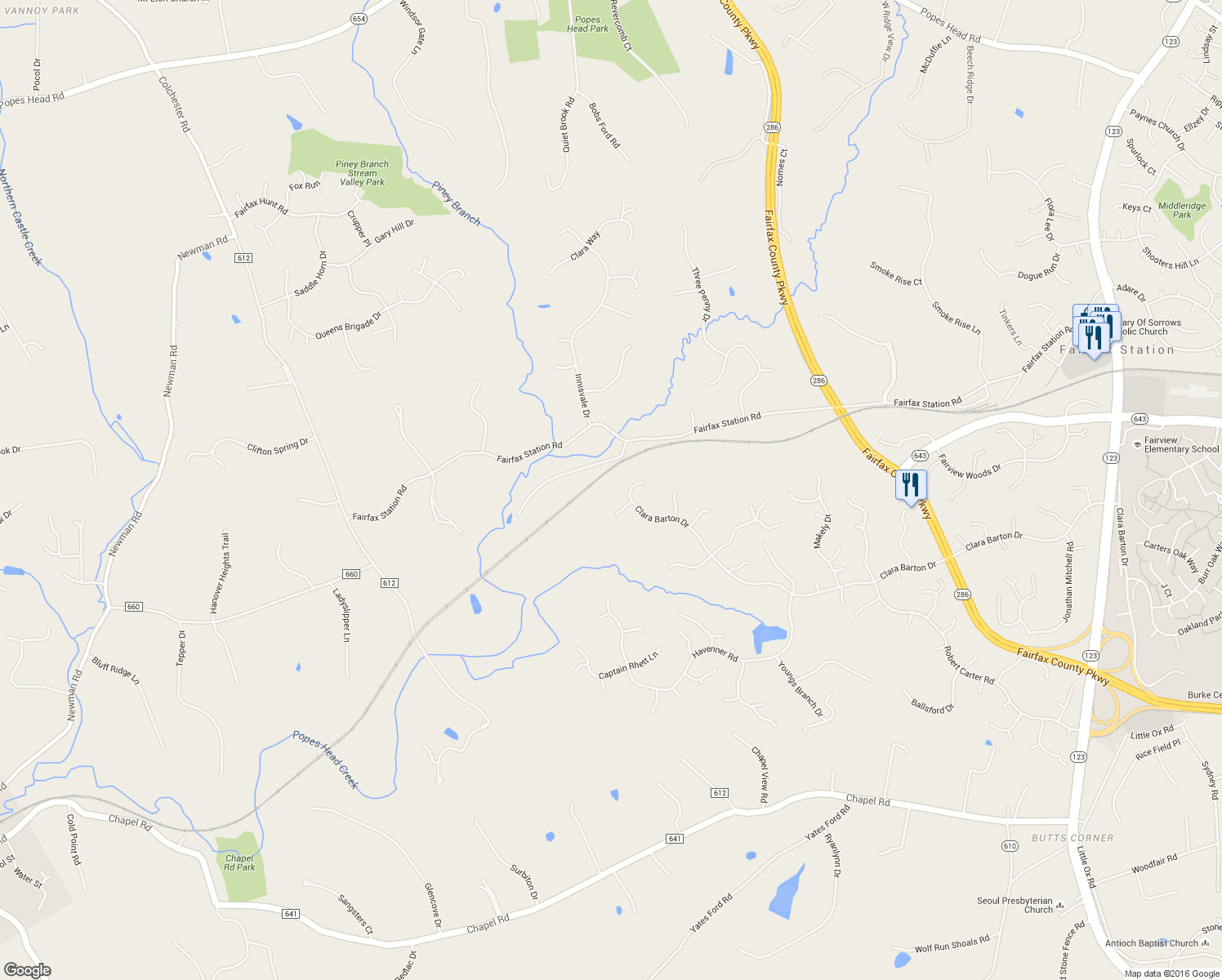 map of restaurants, bars, coffee shops, grocery stores, and more near 11561 Clara Barton Dr in Fairfax Station