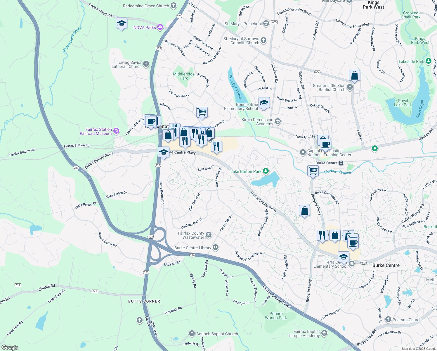 map of restaurants, bars, coffee shops, grocery stores, and more near 5705 Oak Leather Drive in Burke