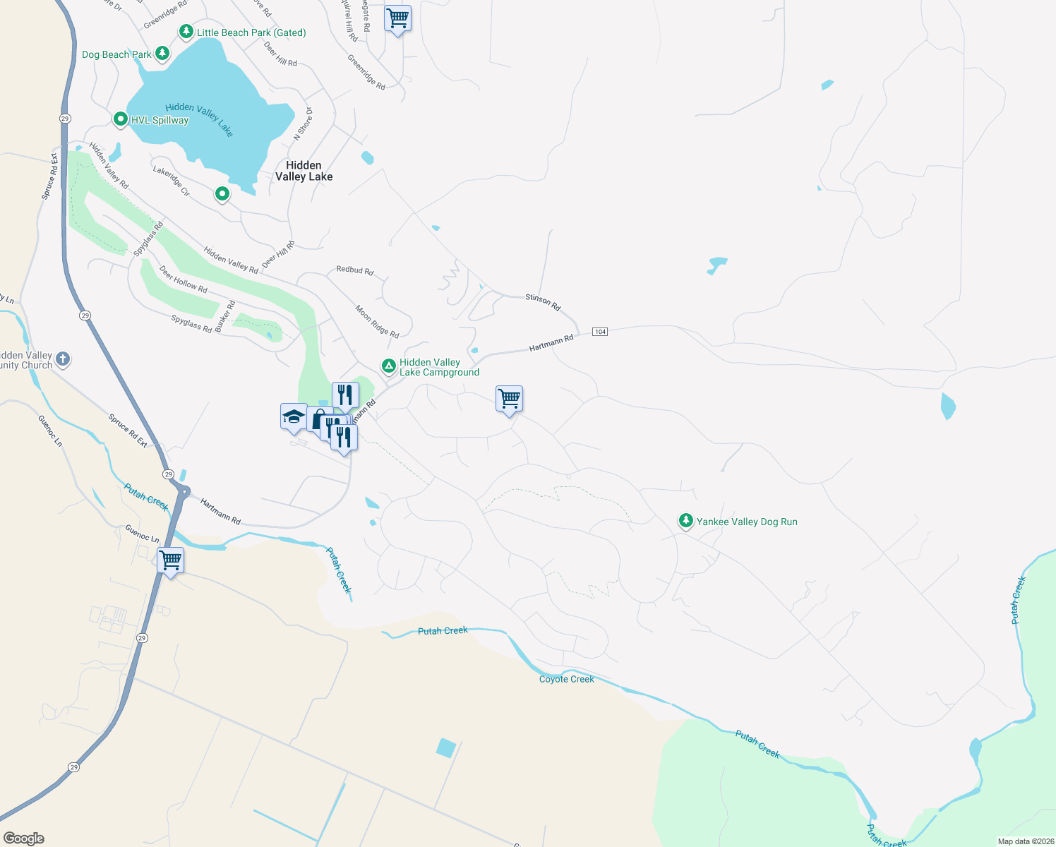 map of restaurants, bars, coffee shops, grocery stores, and more near 19697 Donkey Hill Rd in Hidden Valley Lake