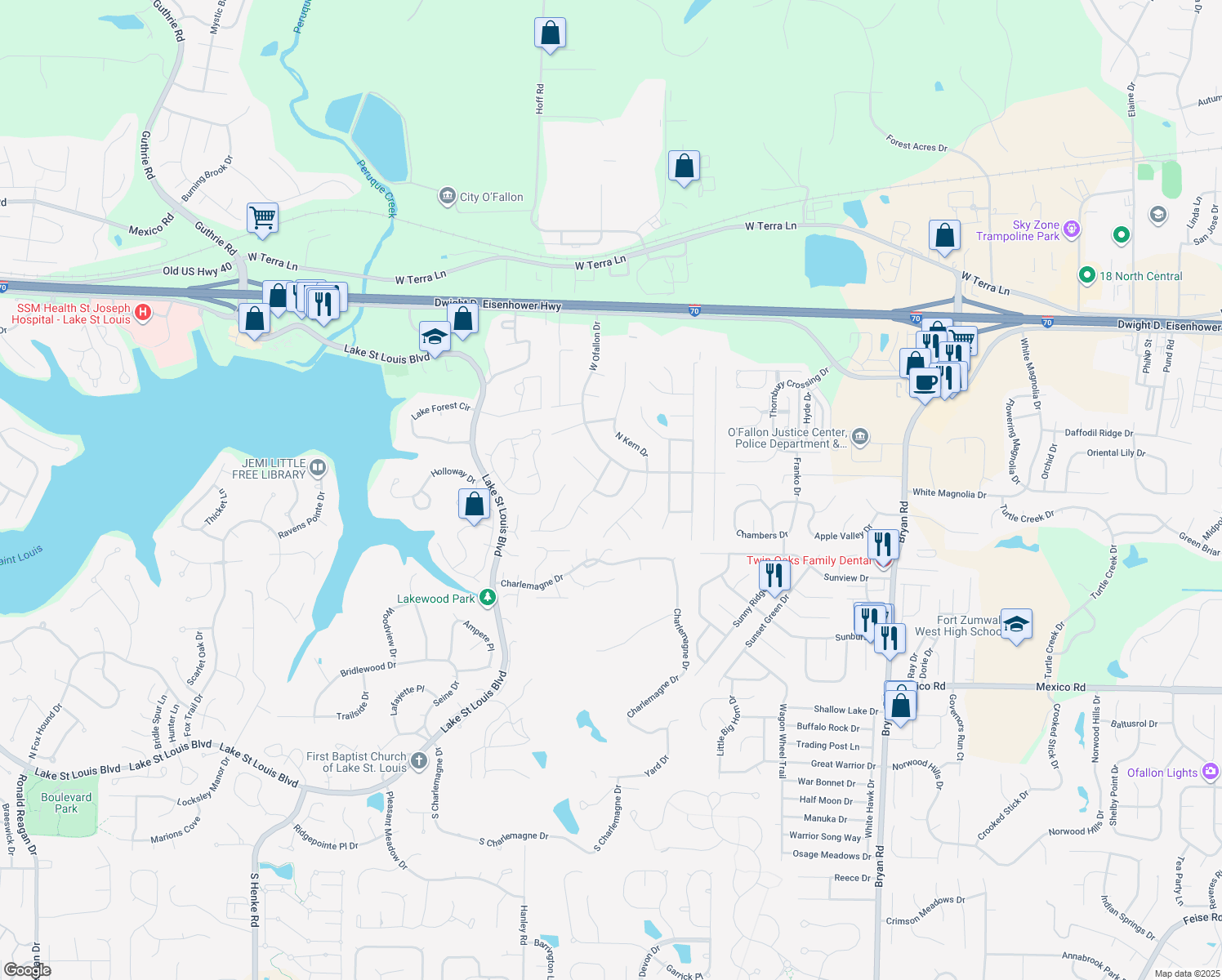 map of restaurants, bars, coffee shops, grocery stores, and more near 9 Cornell Drive in O'Fallon