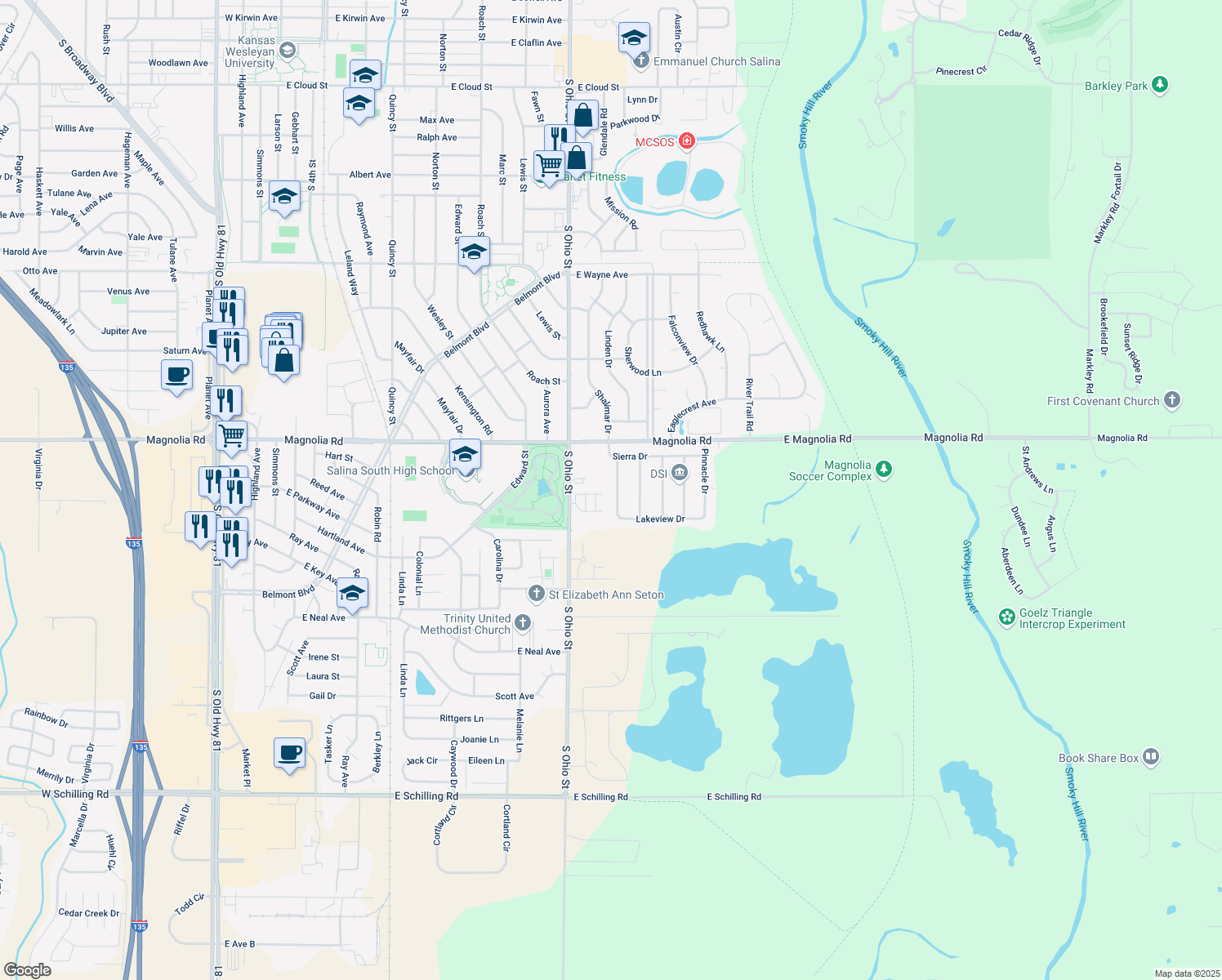 map of restaurants, bars, coffee shops, grocery stores, and more near 2504 Ambassador Drive in Salina