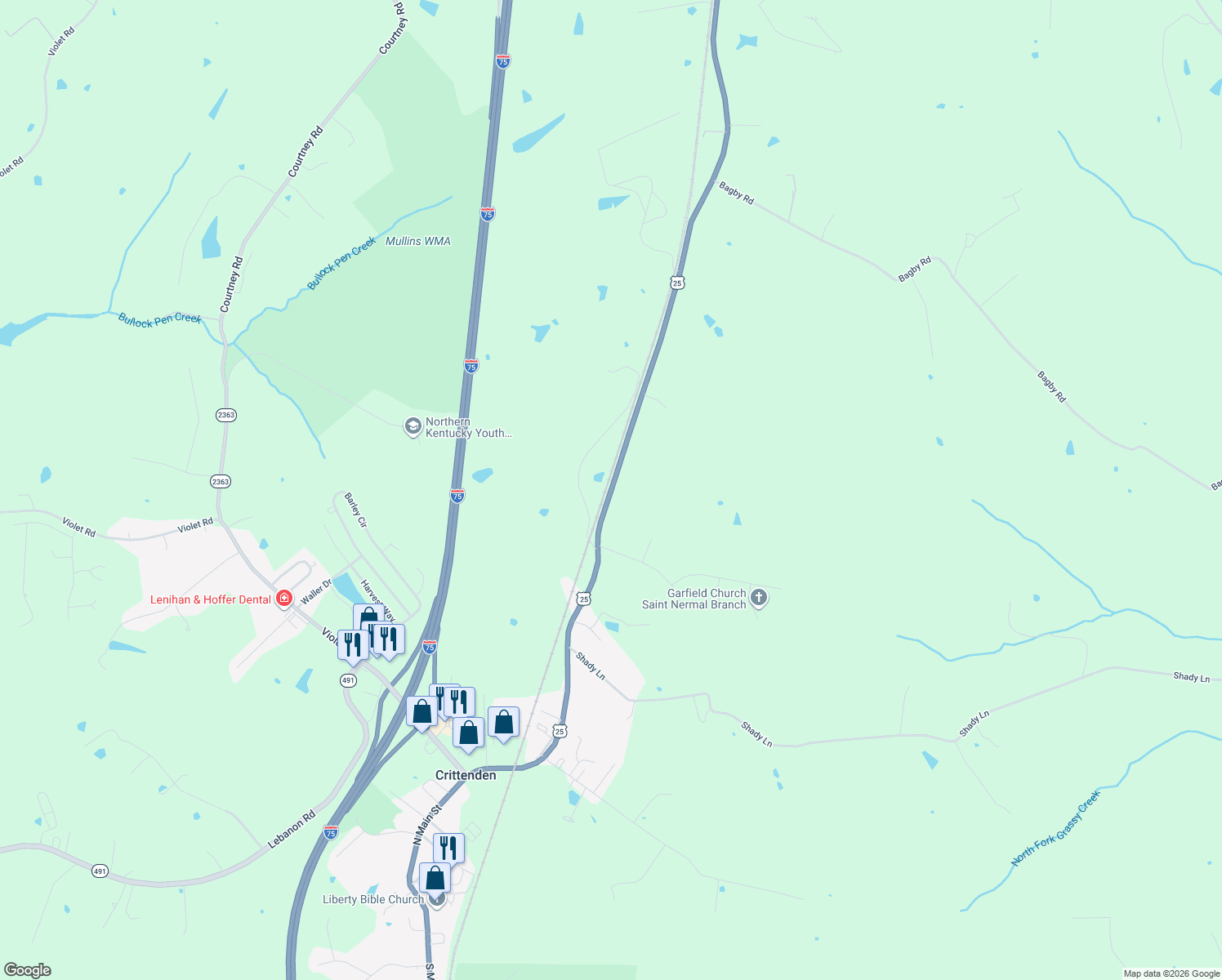 map of restaurants, bars, coffee shops, grocery stores, and more near Dixie Highway in Crittenden