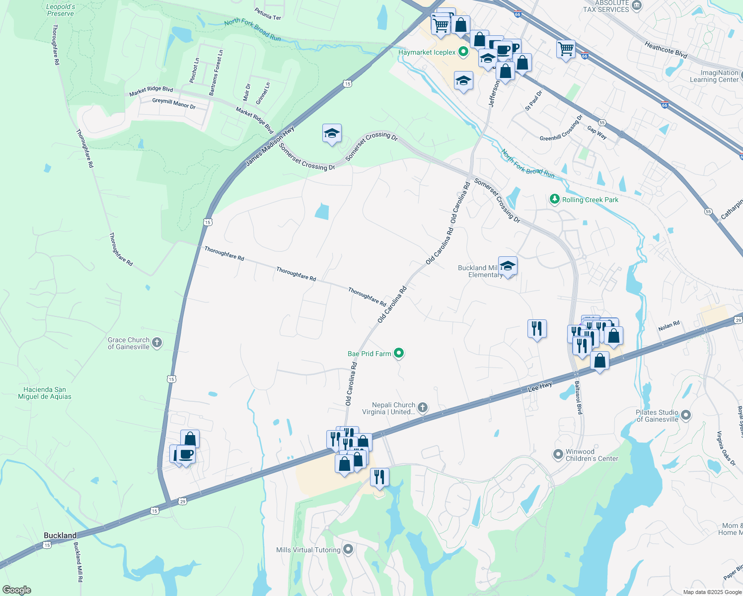 map of restaurants, bars, coffee shops, grocery stores, and more near 15302 Thoroughfare Road in Gainesville