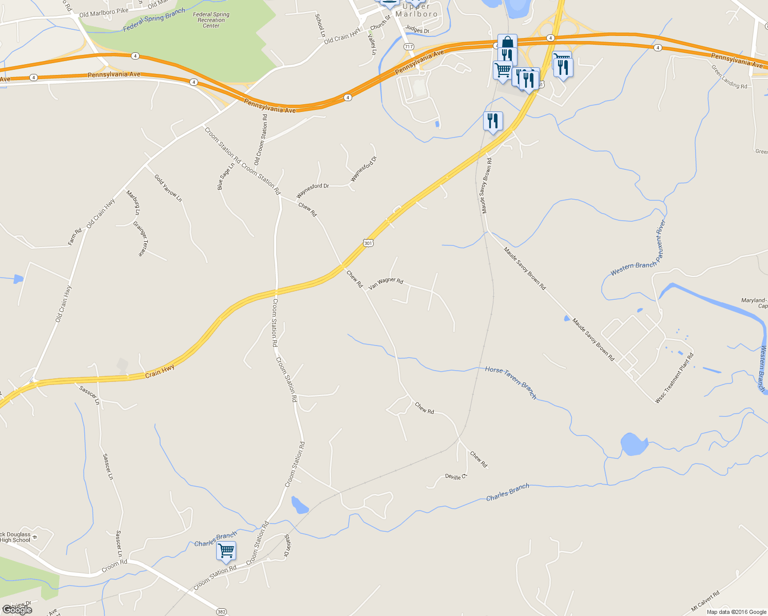 map of restaurants, bars, coffee shops, grocery stores, and more near 6709 Green Moss Drive in Upper Marlboro