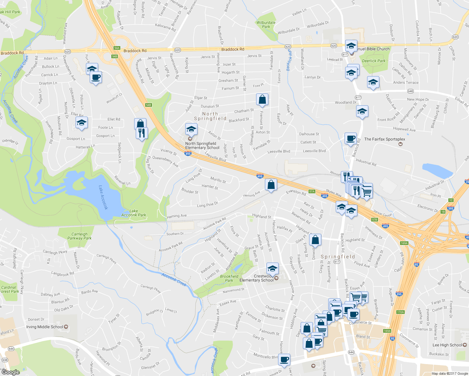 map of restaurants, bars, coffee shops, grocery stores, and more near 7456 Long Pine Drive in Springfield