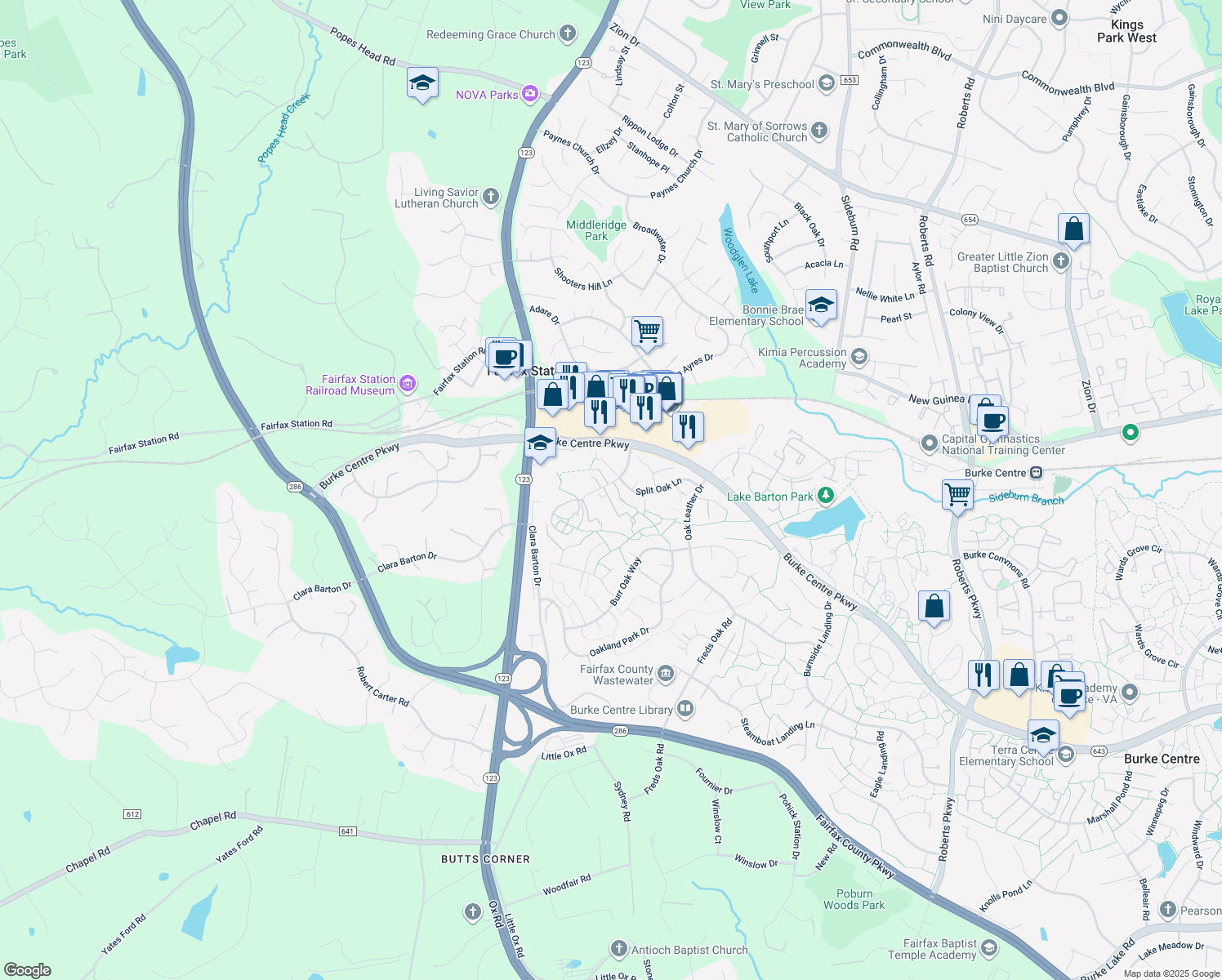 map of restaurants, bars, coffee shops, grocery stores, and more near 5805 Jacksons Oak Ct in Burke