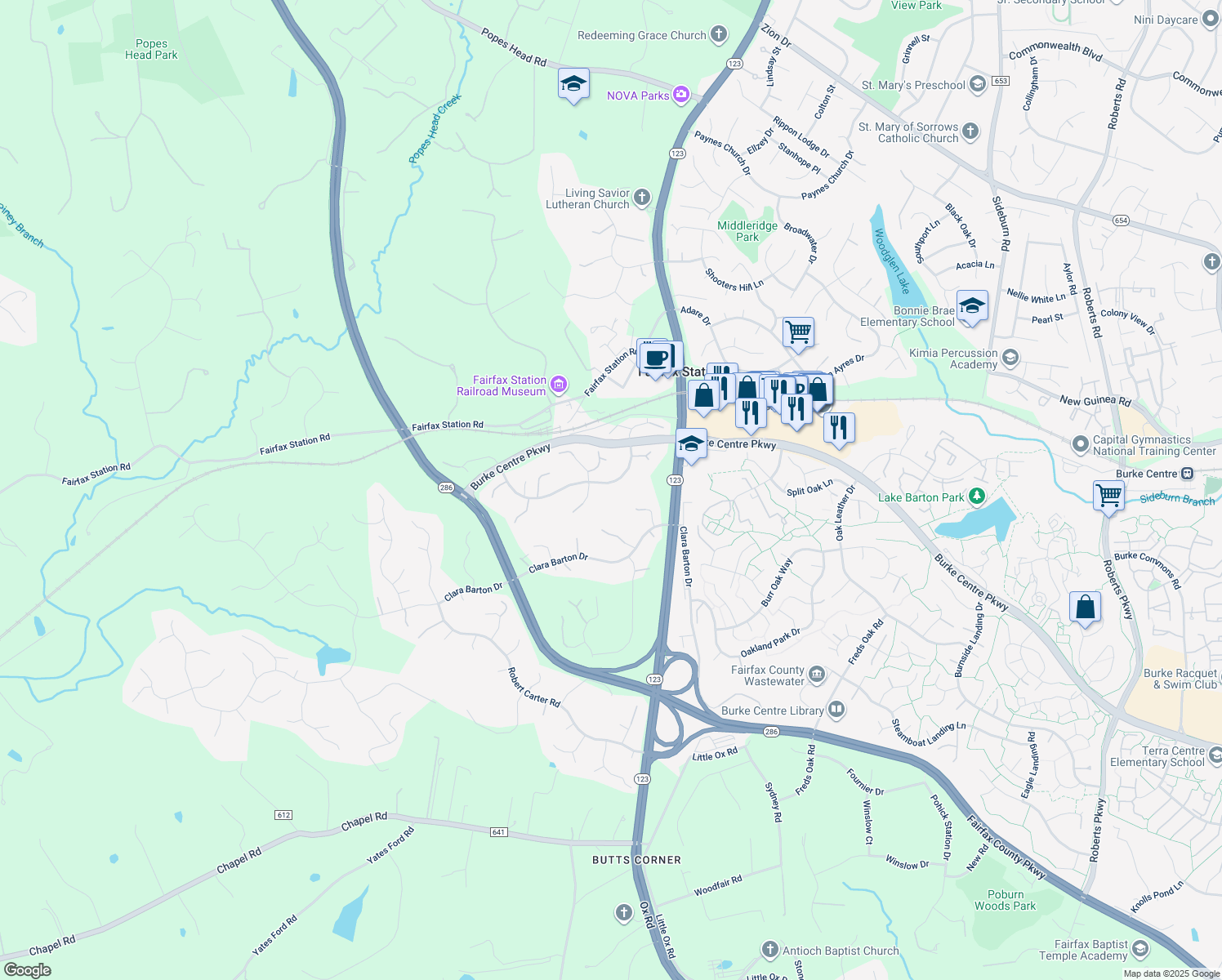 map of restaurants, bars, coffee shops, grocery stores, and more near 5913 Fairview Woods Drive in Fairfax Station