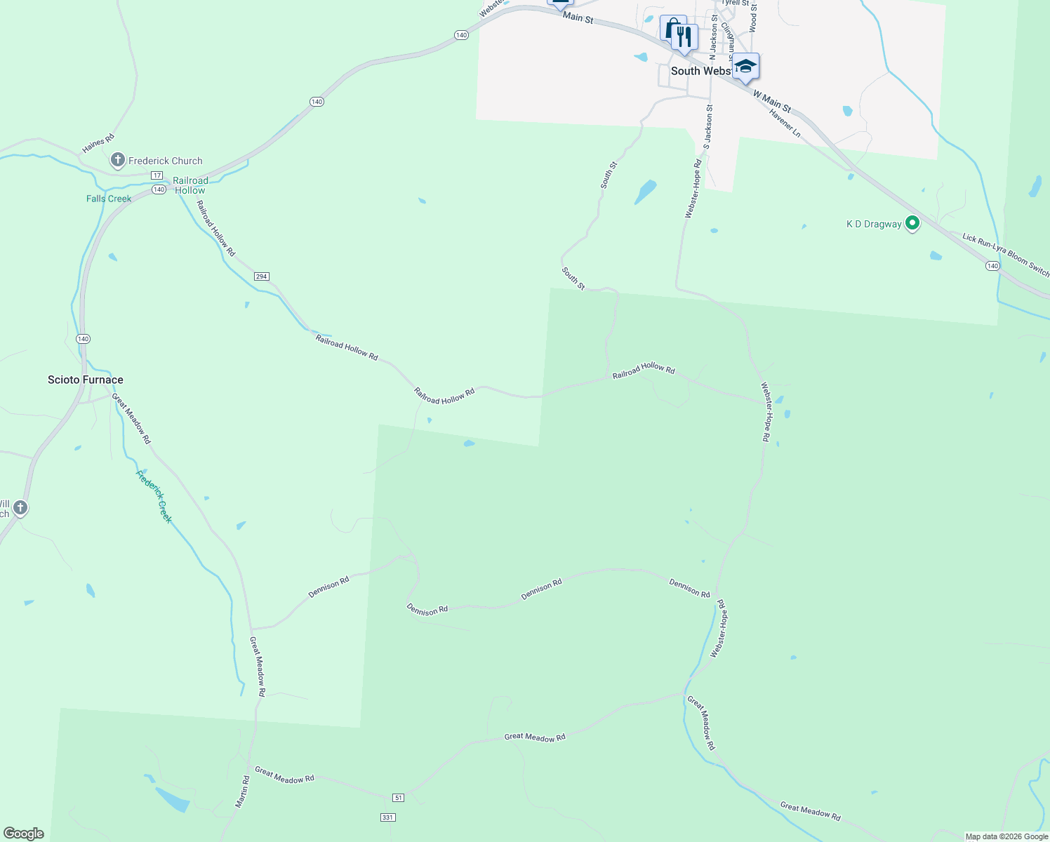 map of restaurants, bars, coffee shops, grocery stores, and more near 1422 Railroad Hollow Road in South Webster