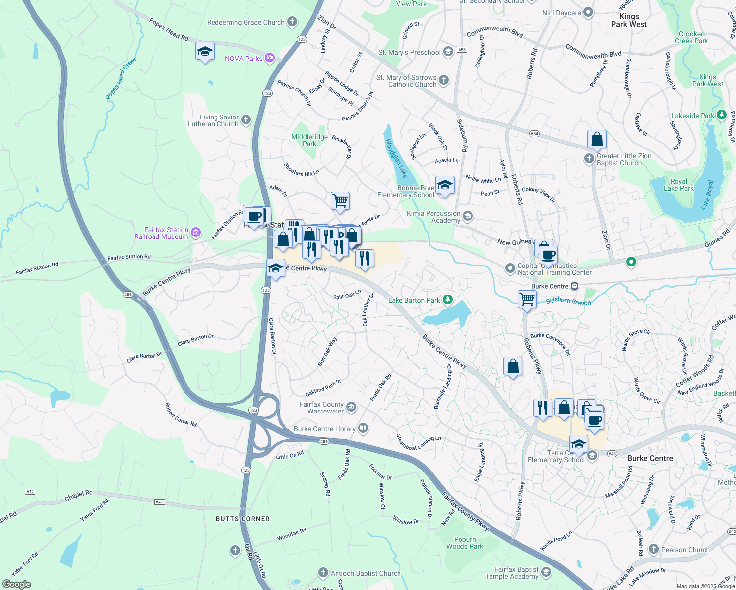 map of restaurants, bars, coffee shops, grocery stores, and more near 10801 Split Oak Lane in Burke