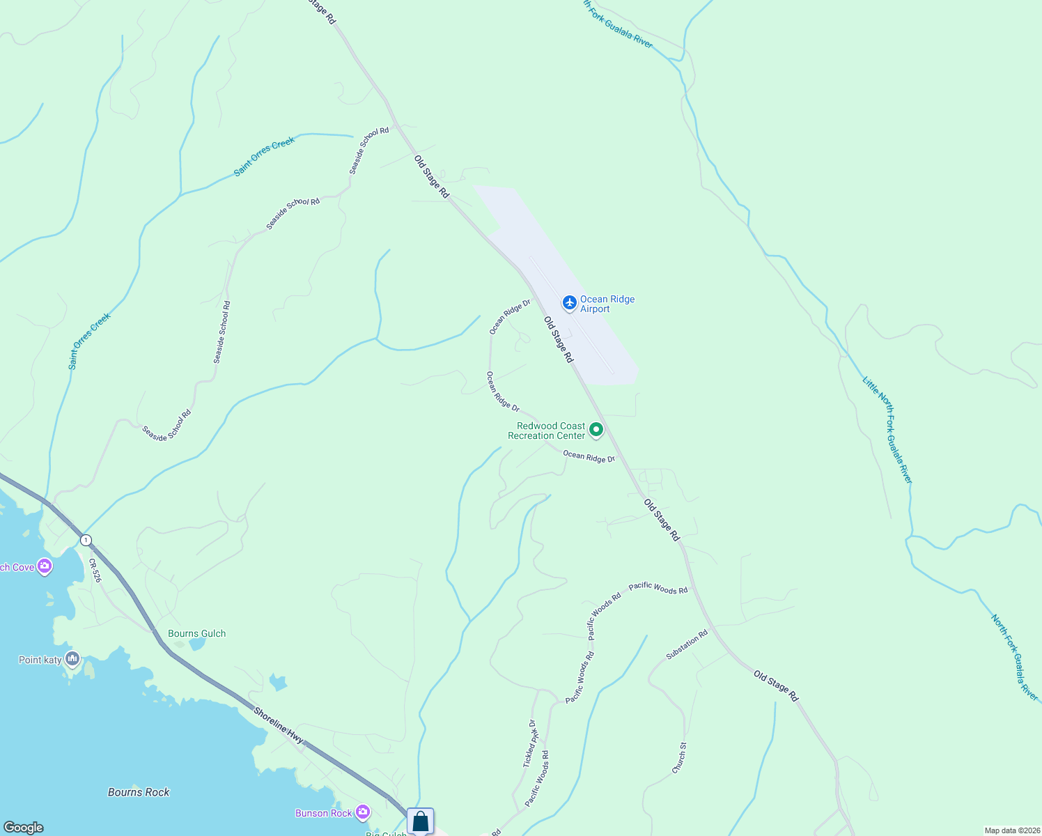 map of restaurants, bars, coffee shops, grocery stores, and more near 38080 Ocean Ridge Drive in Mendocino County