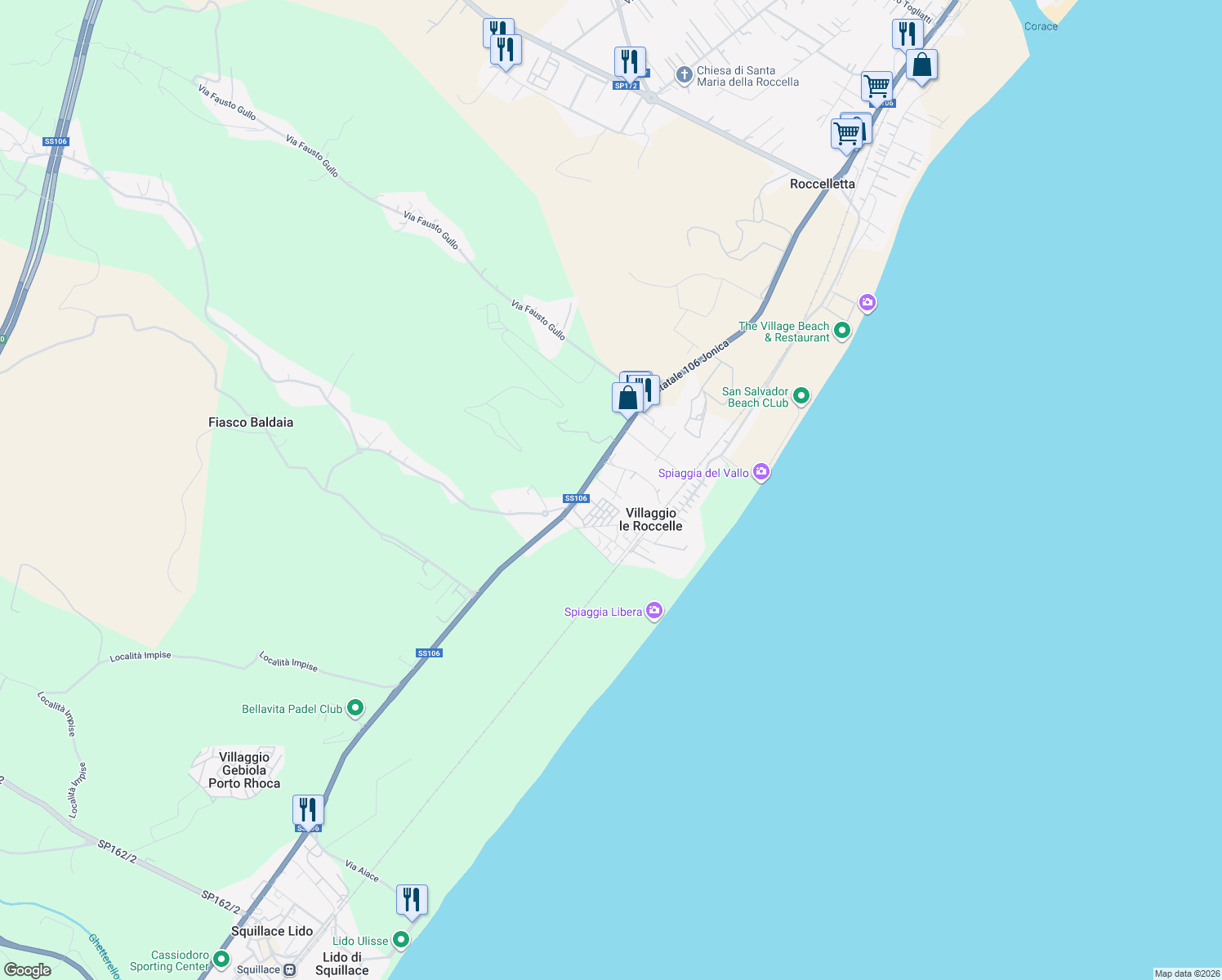 map of restaurants, bars, coffee shops, grocery stores, and more near 4 Via dei Feaci in Villaggio Le Roccelle