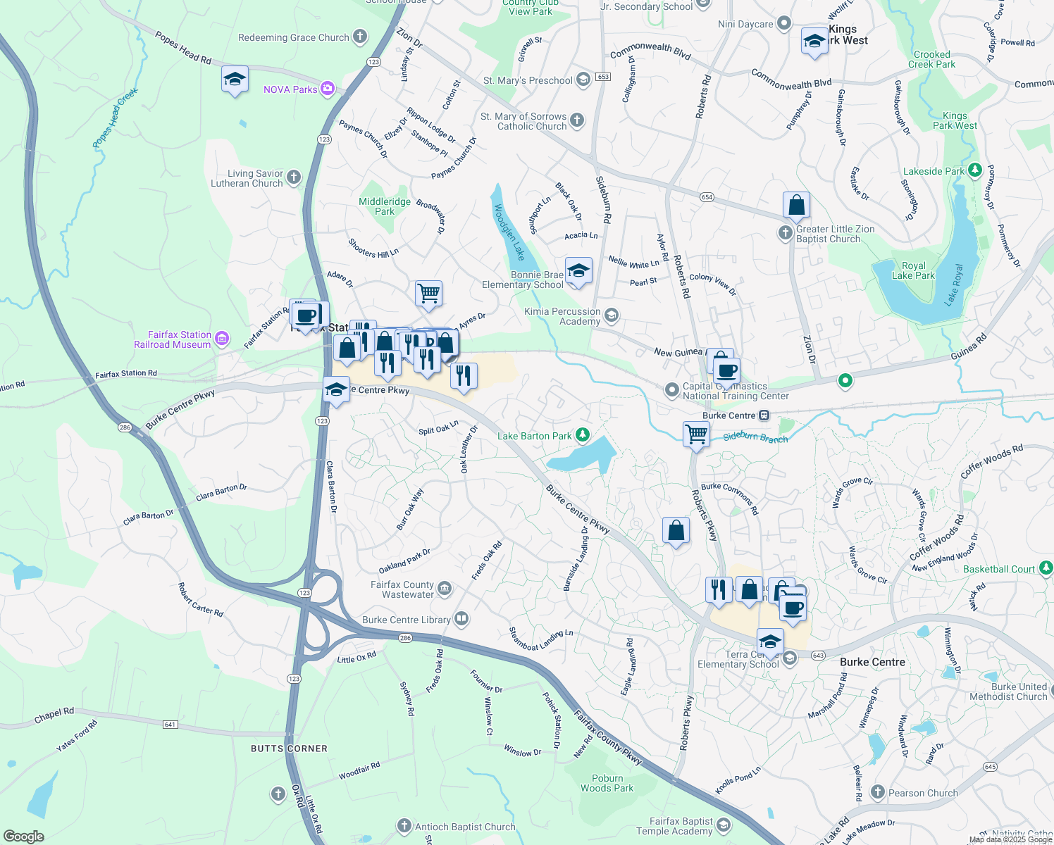 map of restaurants, bars, coffee shops, grocery stores, and more near 10659 Myrtle Oak Court in Burke