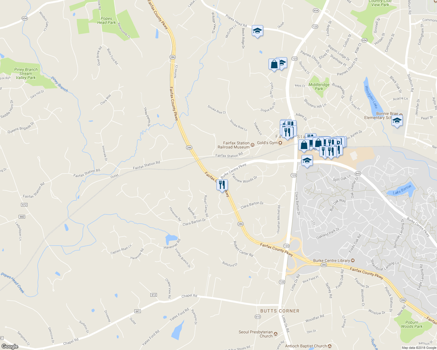 map of restaurants, bars, coffee shops, grocery stores, and more near 5963 Fairview Woods Drive in Fairfax Station