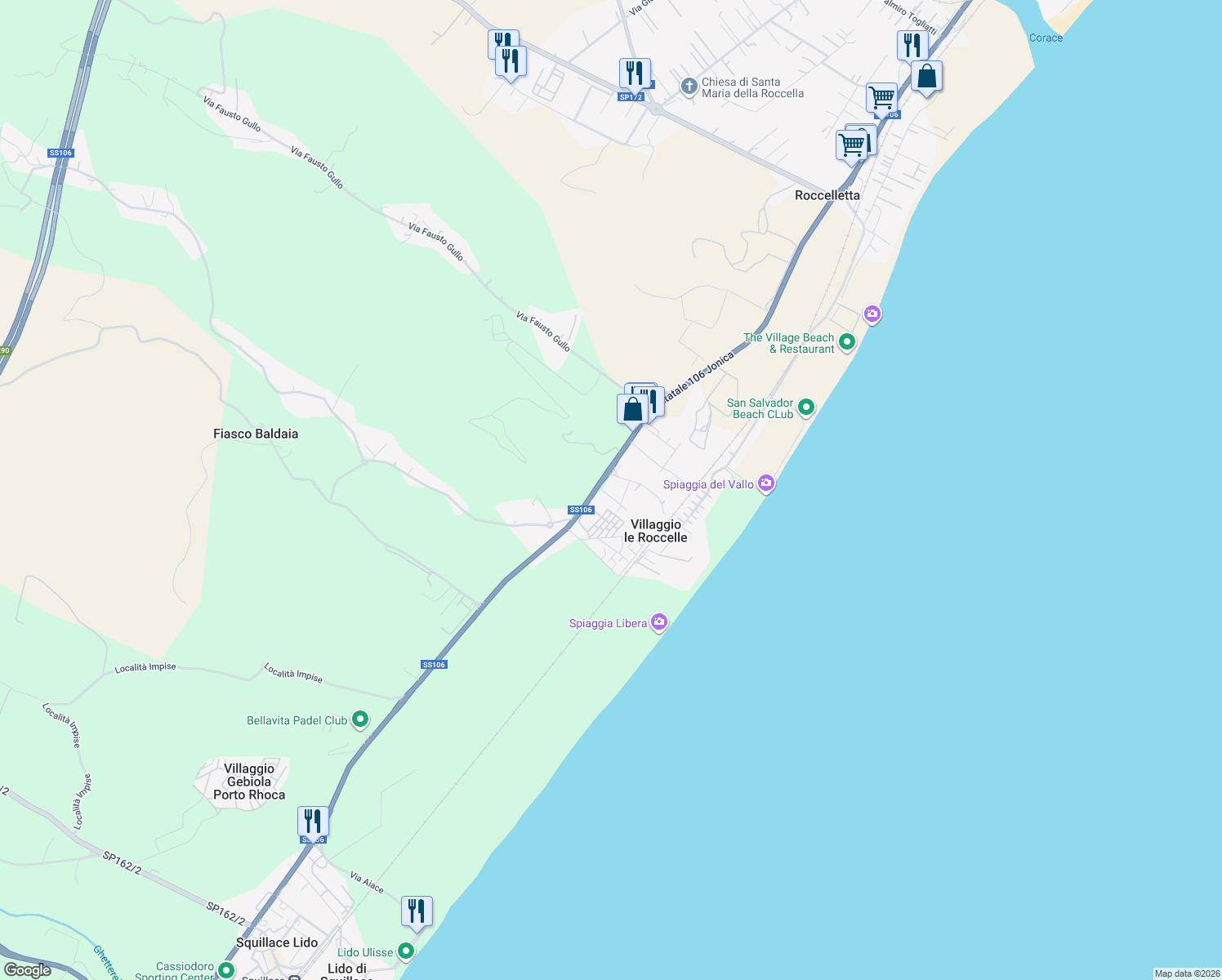 map of restaurants, bars, coffee shops, grocery stores, and more near 4 Via dei Feaci in Villaggio Le Roccelle