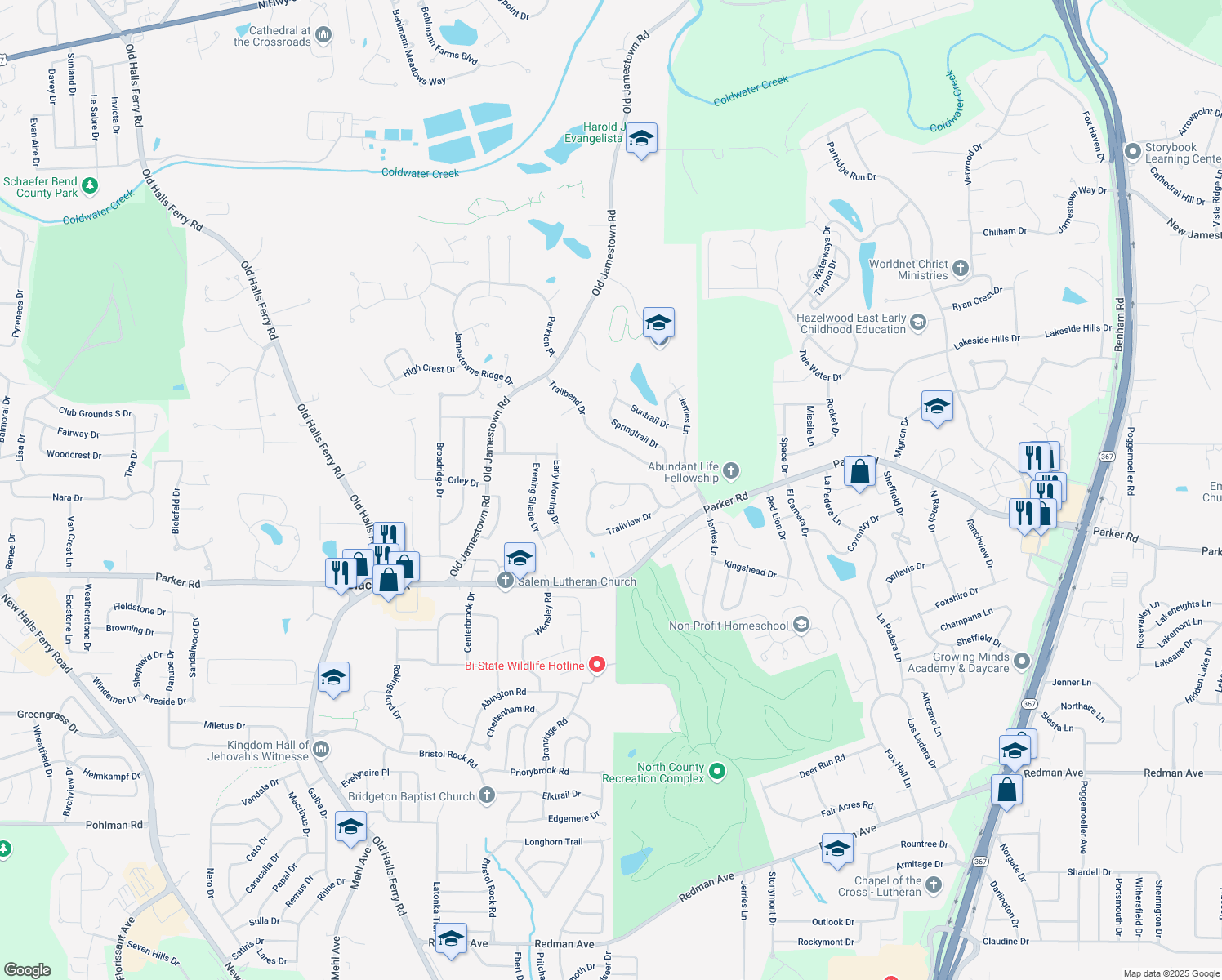 map of restaurants, bars, coffee shops, grocery stores, and more near 5238 Trailoaks Drive in Florissant