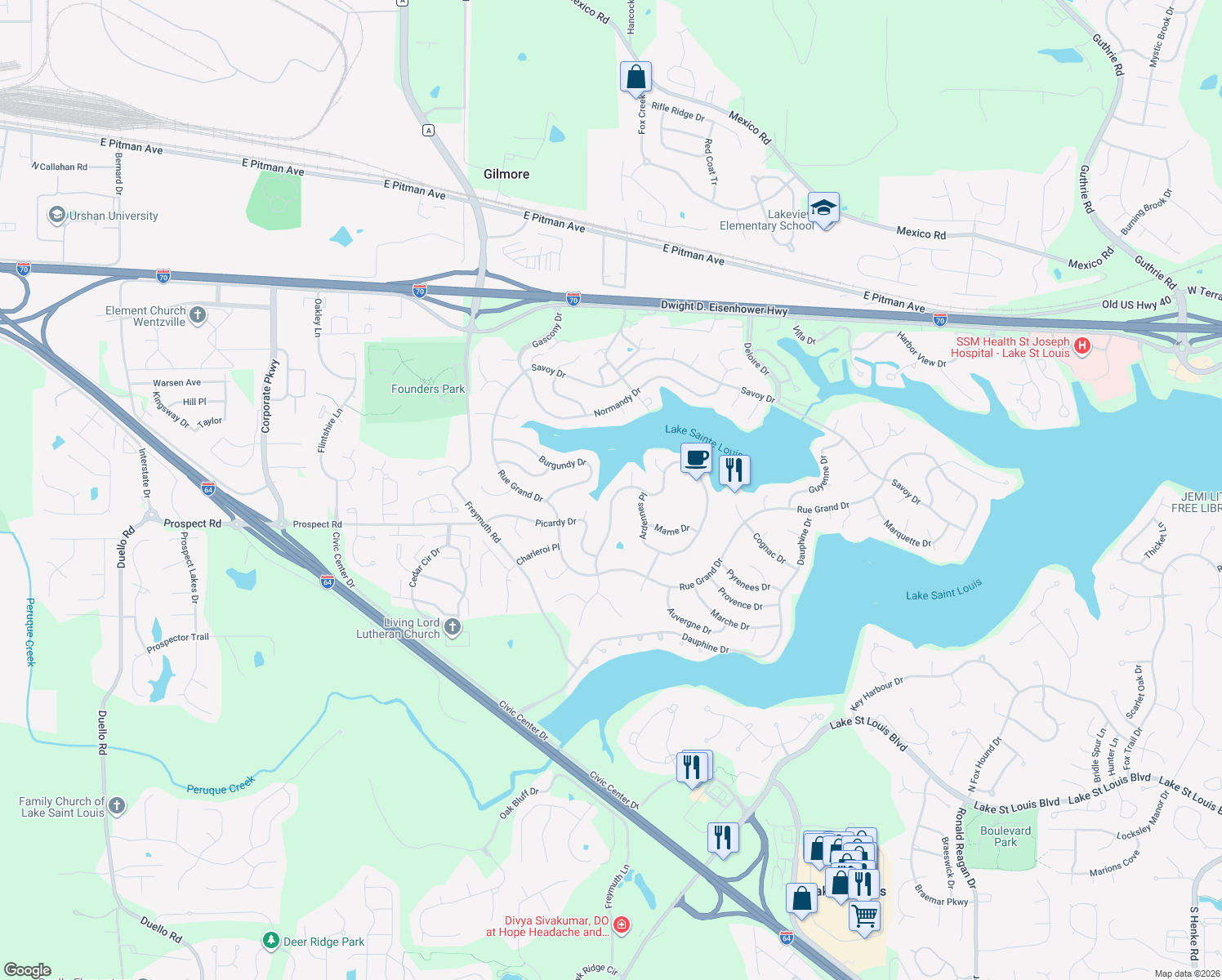 map of restaurants, bars, coffee shops, grocery stores, and more near 23 Champagne Drive in Lake Saint Louis