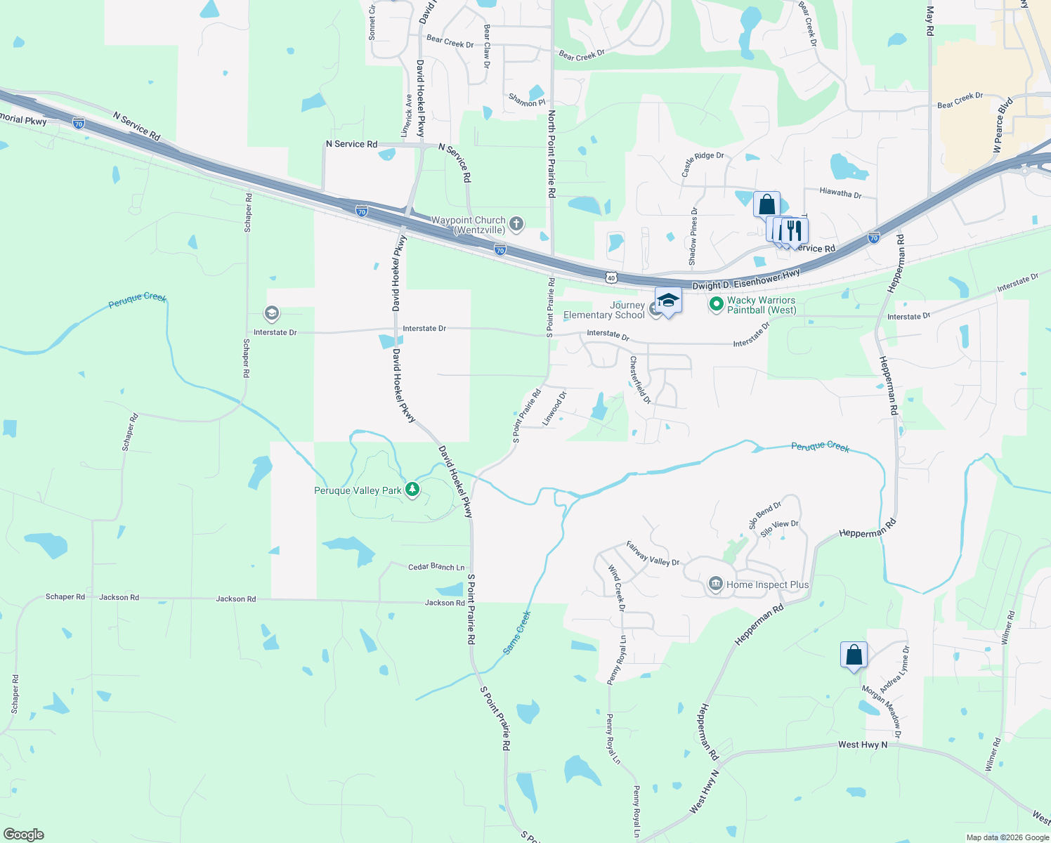 map of restaurants, bars, coffee shops, grocery stores, and more near 1190 S Point Prairie Rd in Wentzville
