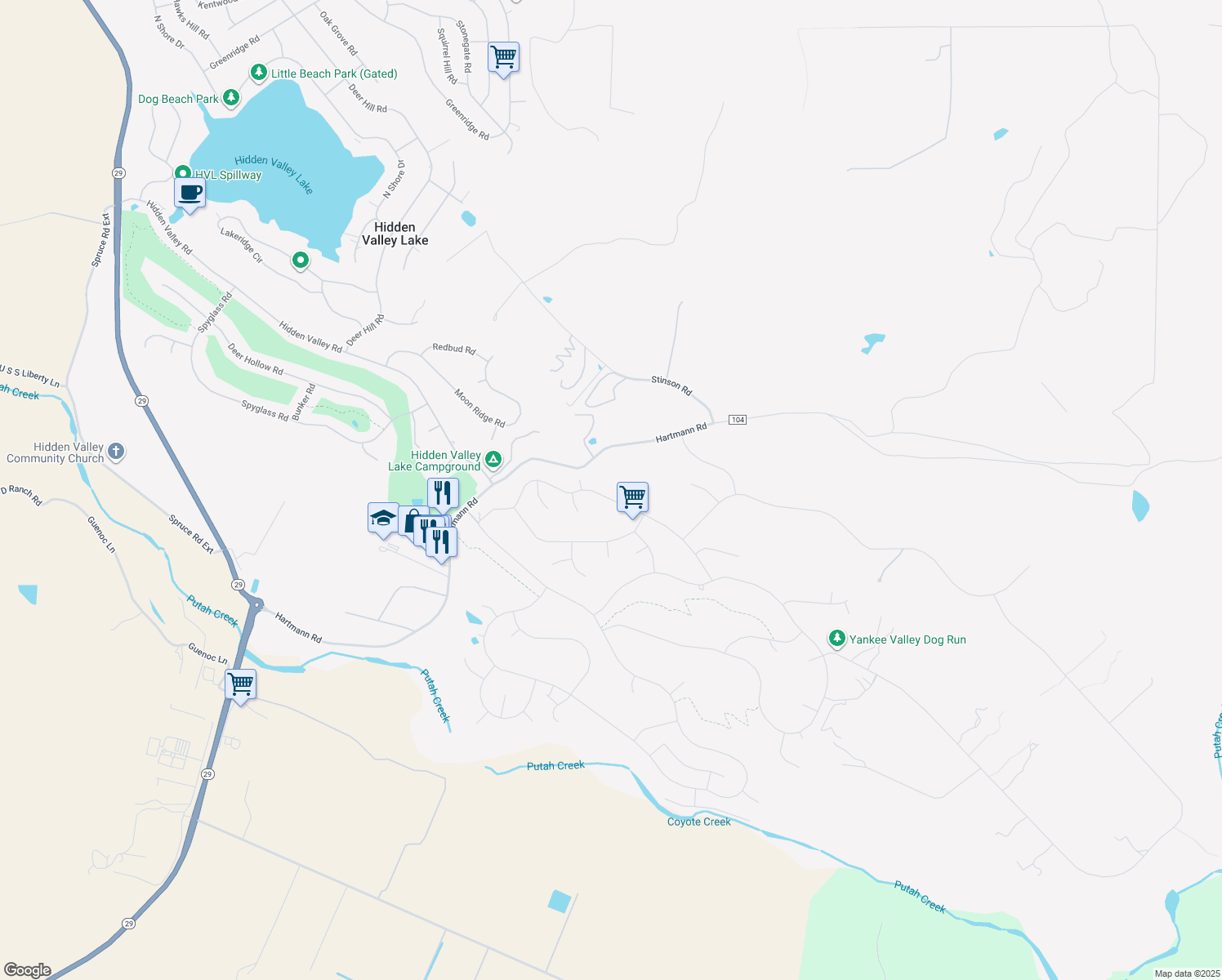 map of restaurants, bars, coffee shops, grocery stores, and more near 19570 Donkey Hill Road in Hidden Valley Lake