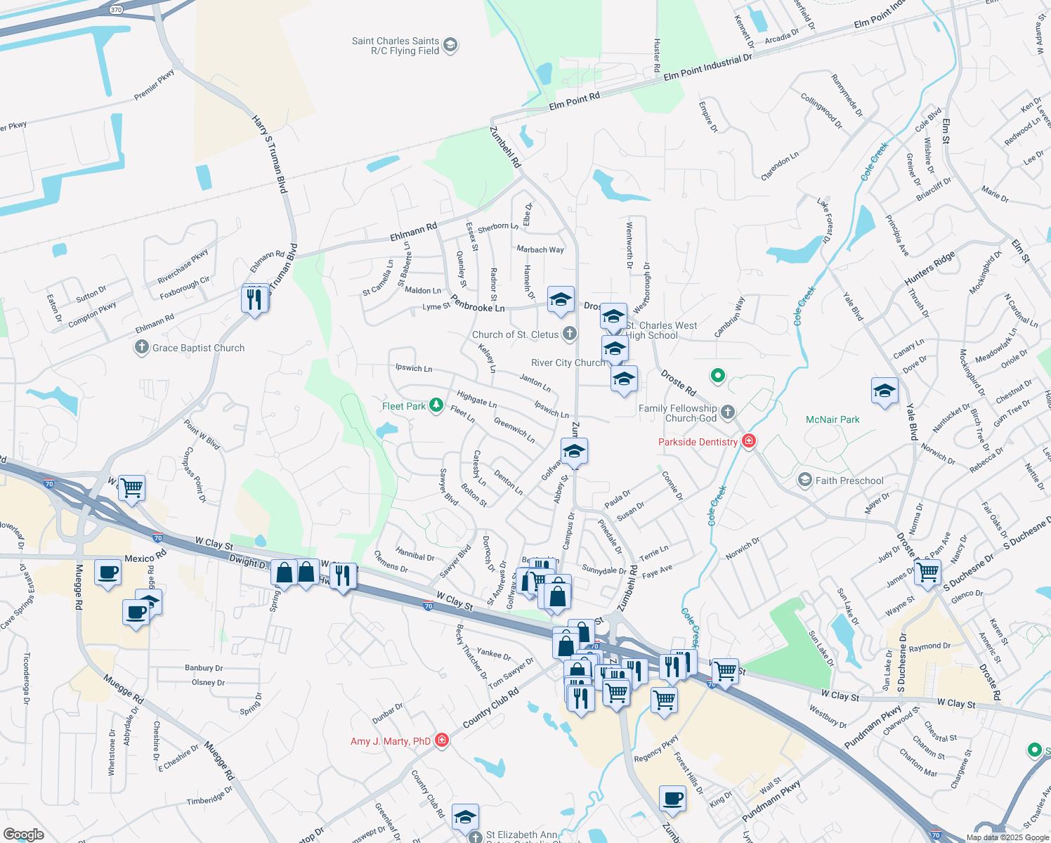 map of restaurants, bars, coffee shops, grocery stores, and more near 3229 Highgate Lane in Saint Charles